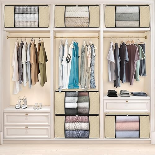 Vista 6 de Fab totes Paquete de 3 bolsas de almacenamiento plegables de tela gruesa, contenedores para organizar dormitorio, armario, ropa, edredón, Beige