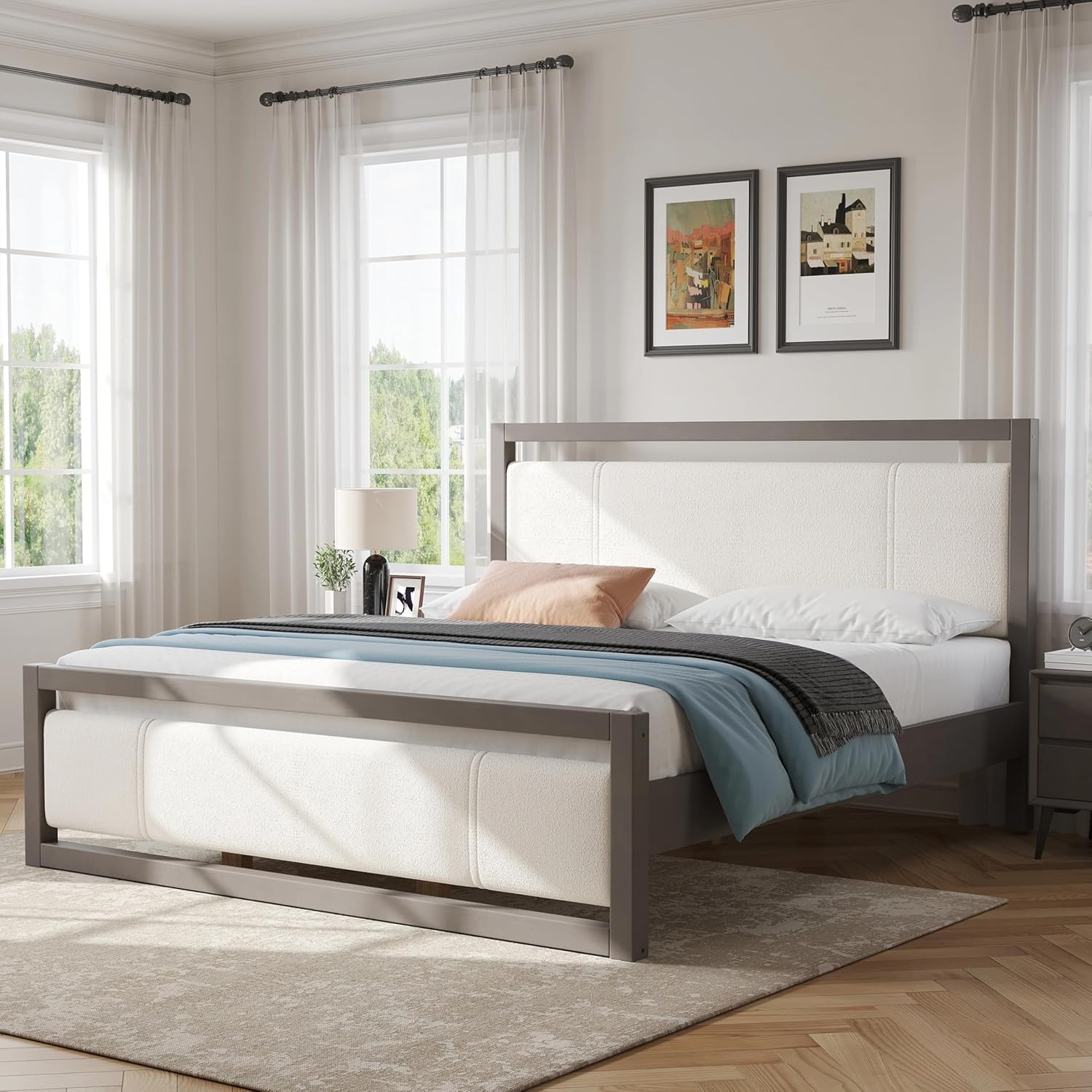 Christopher Knight Home Ruby King Size Platform Bed Frame, Ivory Boucle Fabric Upholstered Headboard and Footboard, Wood Bed Support and Slat, Fully Mattress Foundation, No Box Spring Needed, Gray