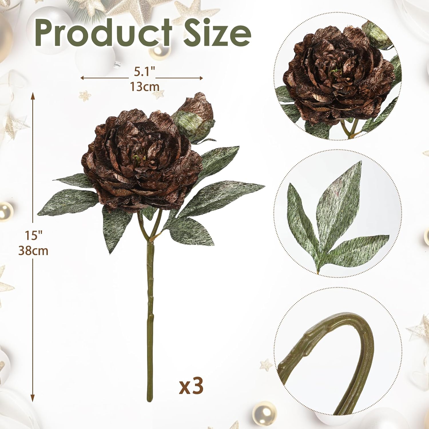 Briful 3PCS Artificial Christmas Peony Flower Stems, 15in Silk Peonies with Bud Fake Peony Floral Arrangement for Xmas Home Vase Party Wedding Bouquet Decor, Coffee Brown - Image 2