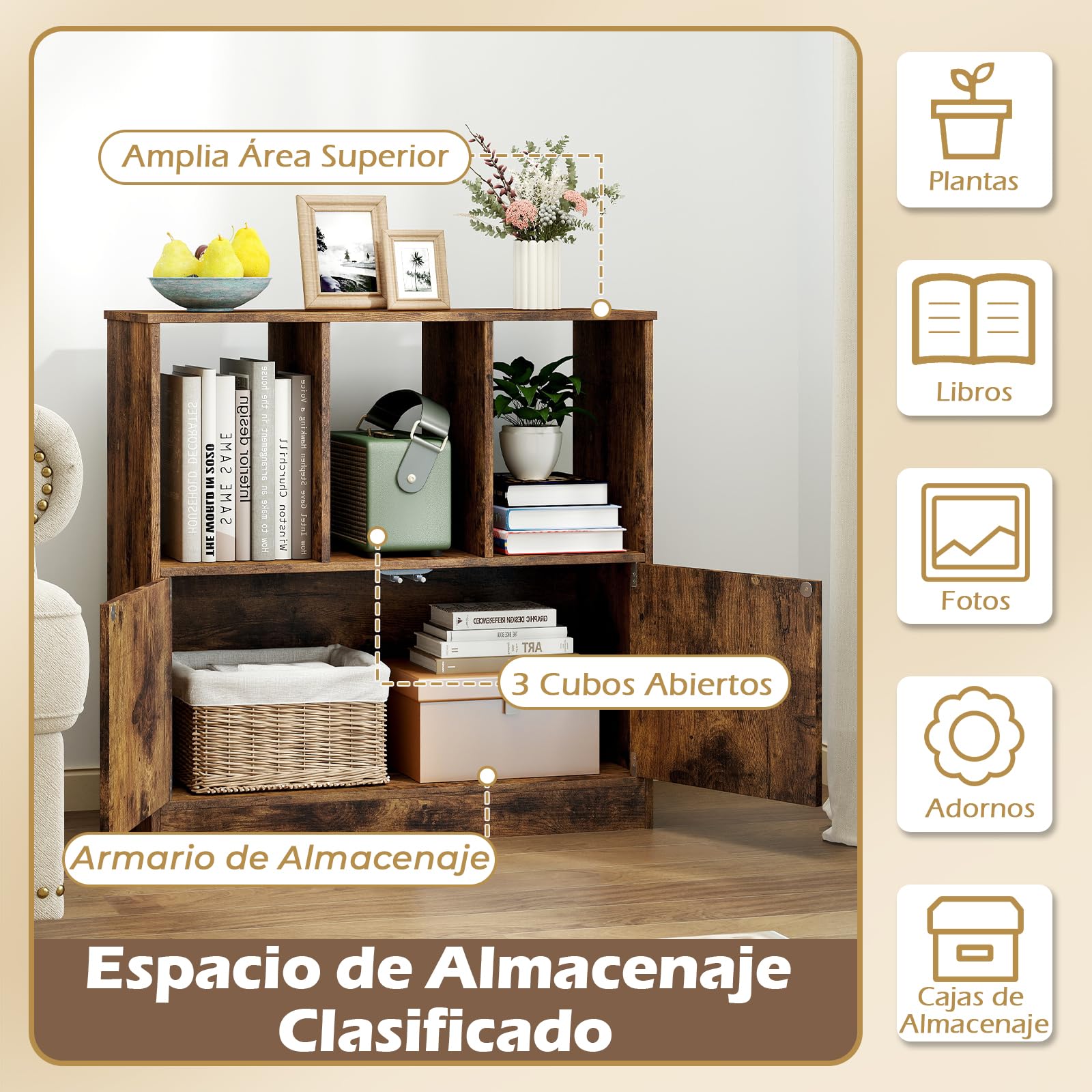 COSTWAY Librería de 3 Cubos con Puertas, Estantería Libros de 3 Niveles con Compartimentos Abiertos y Armario, Librería Estantería Madera Salón Oficina Dormitorio, 70 x 30 x 70 cm (café)