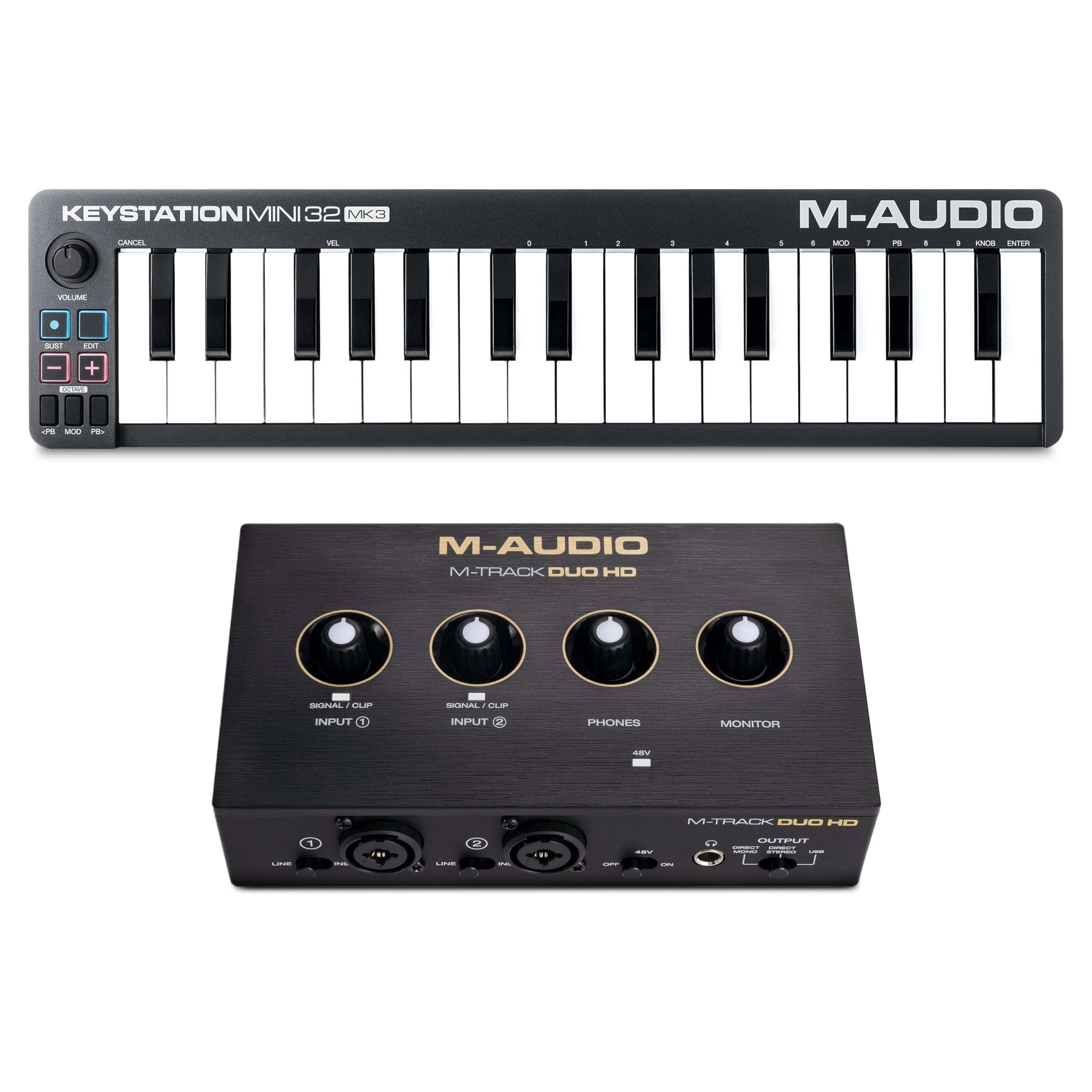 M-AUDIO Pack Contrôleur MIDI Keystation Mini 32 MK3 avec Interface Audio M-Track Duo HD pour Enregistrement Studio, Production Musicale, Podcasting, Streaming