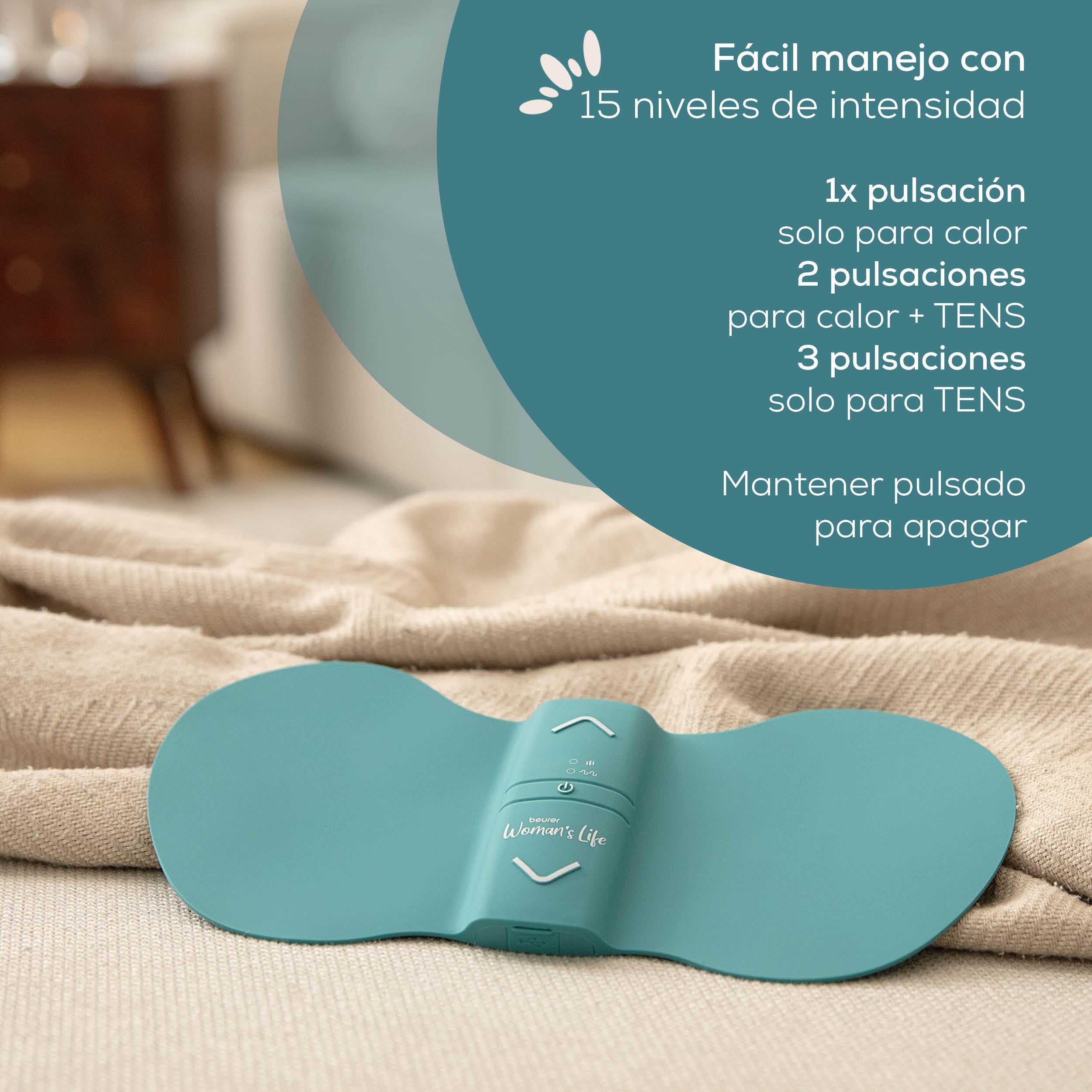 Beurer EM 55 Menstrual Relax+ , contra el dolor menstrual y el dolor de la endometriosis, TENS y función de calor, con batería recargable, superficie de calor más grande, turquesa