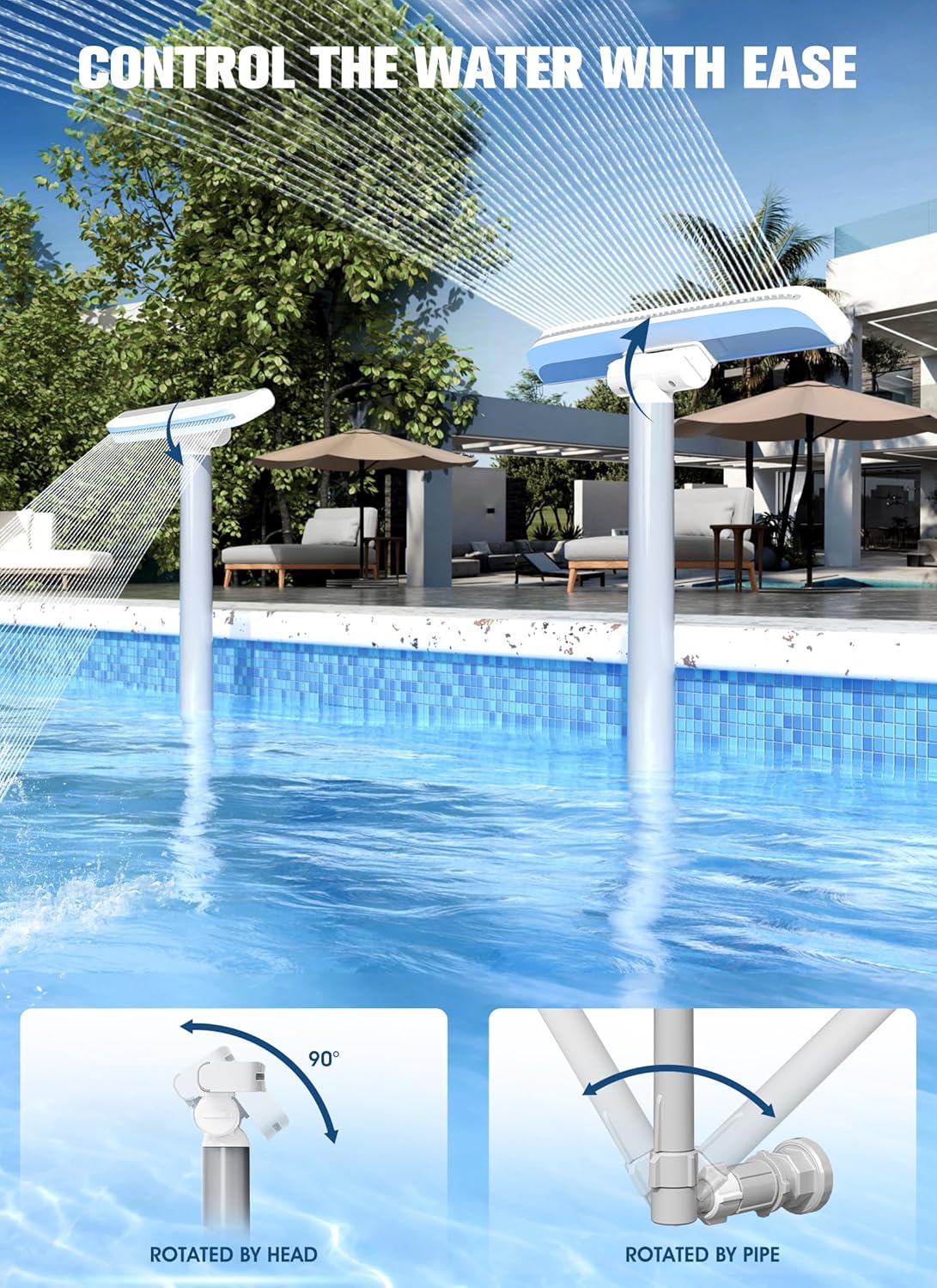 Pool Fountain-Integrated Spray Water Fountains for Above Ground and Inground Pools, 2-in-1 Adjustable Waterfall Pool Sprinkler Fountain, High-Pressure Swimming Pool Spray Fountains for Cooling, Grey