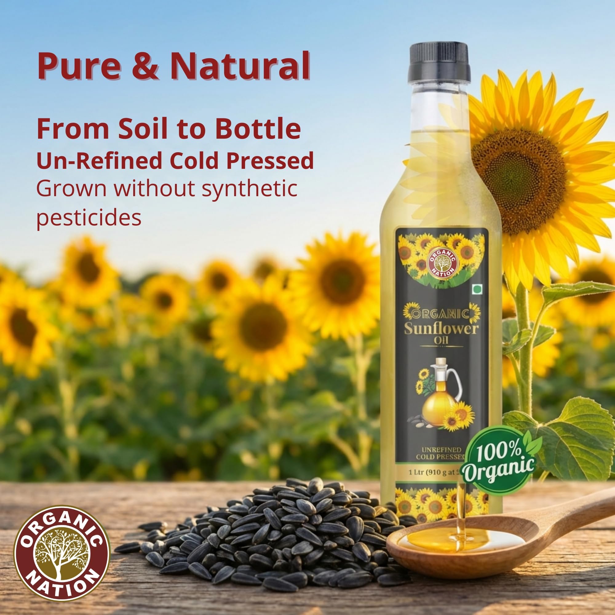 ORGANIC NATION Cold Pressed Sunflower Oil - 1 Litre Pure & Natural, Rich in Vitamin E, No Chemicals | Ideal for Cooking, Frying & Baking, High smoke point, Light Yellow Color 1