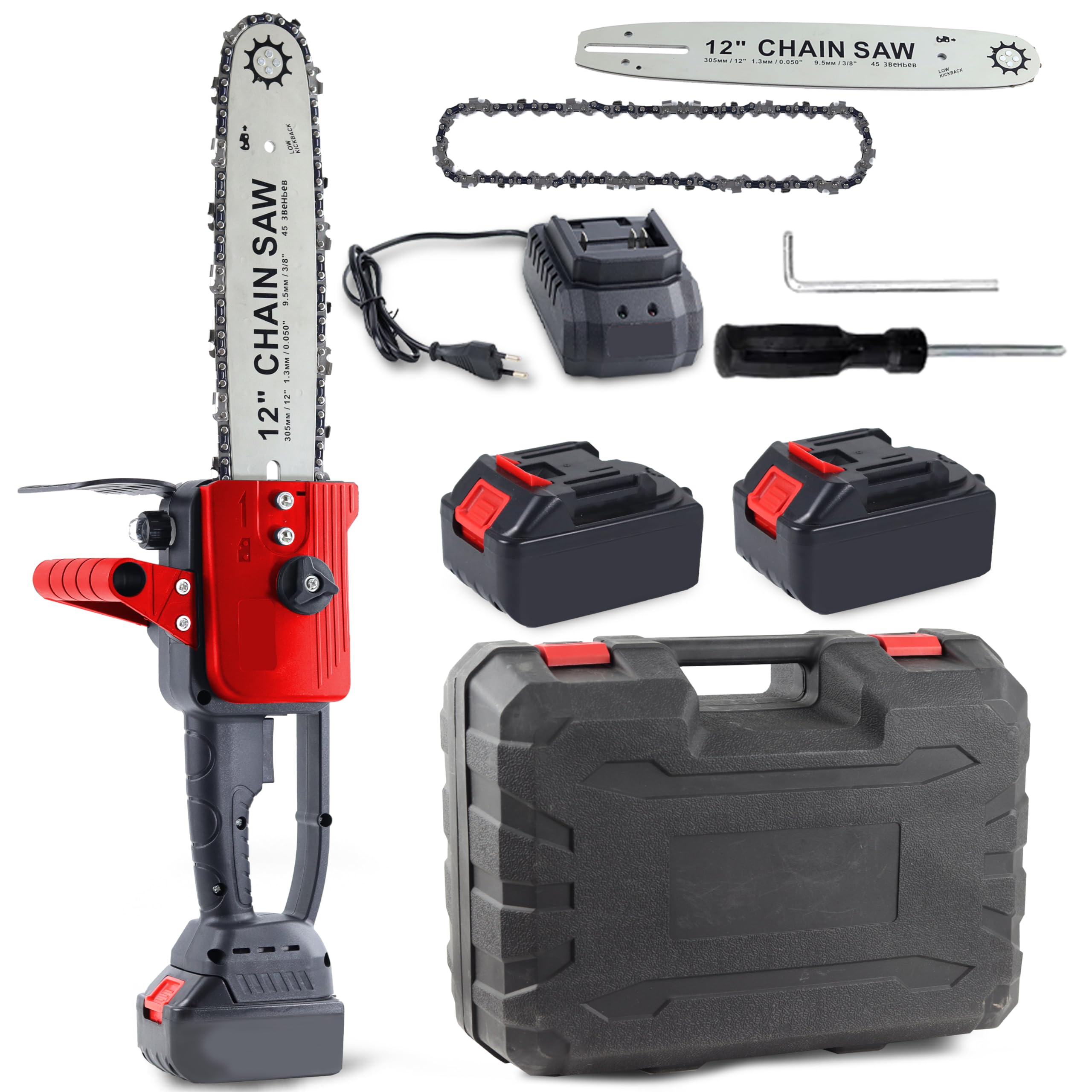 Motosega Elettrica 12" 21V, 2 Batterie 3.0Ah, Potenza 3000W, Velocità 1000 giri/min, Taglio 5 m/s, Alimentata a Batteria al Litio – Motosega Portatile per Giardino e Fai-da-Te