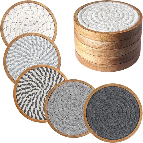 Miniatura 7 de Paquete de 5 posavasos absorbentes para bebidas, posavasos tejidos de 4.3 pulgadas para mesas de café, posavasos de madera para protección de mesa,