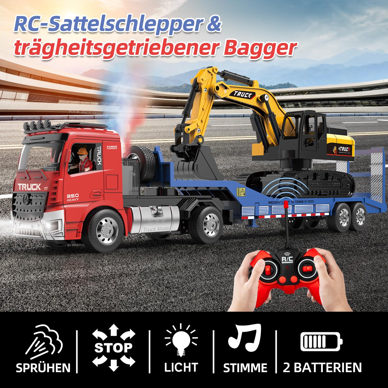 RC Sattelzug & Bagger Spielzeug, 1:24 6CH LKW mit Sound Licht Spray