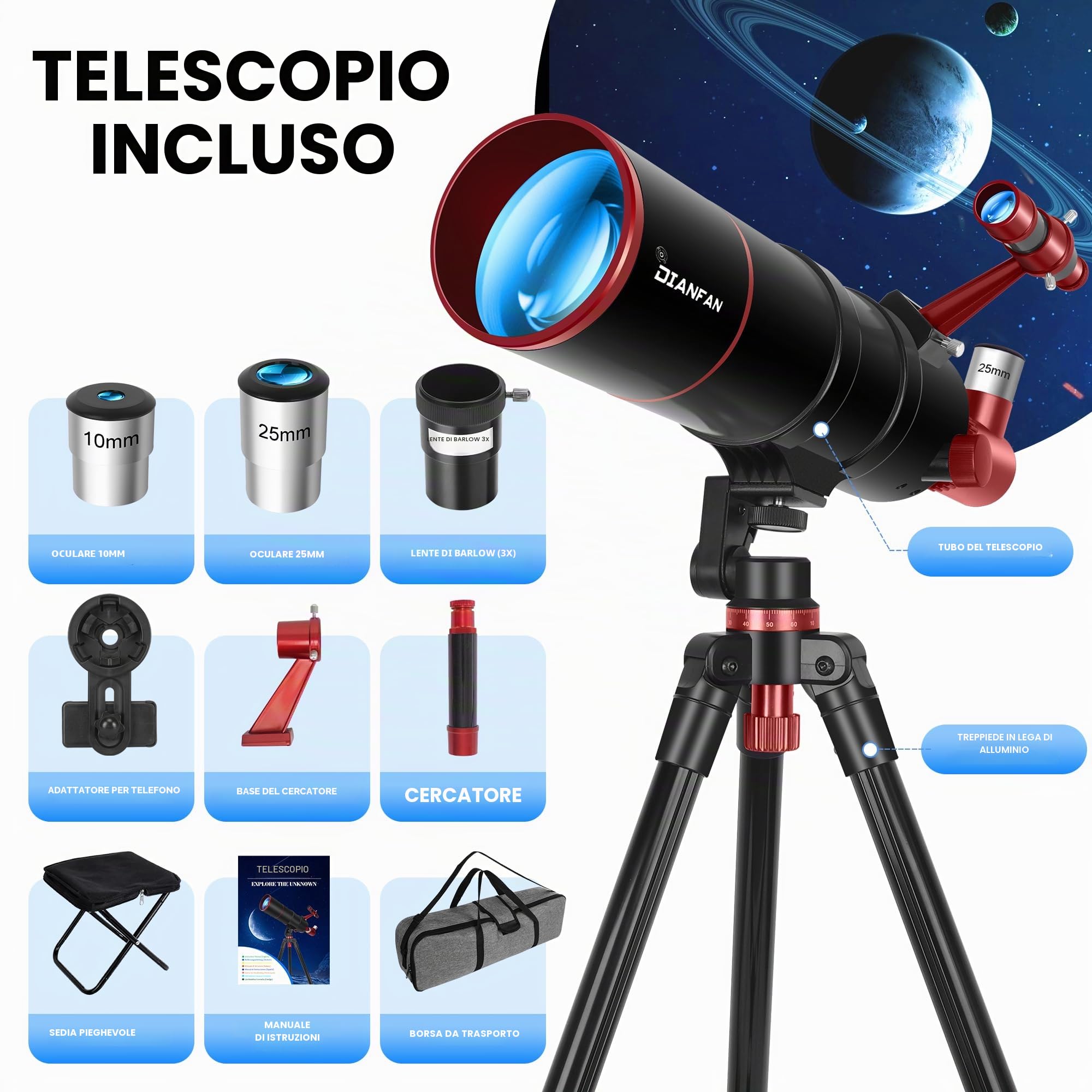 Dianfan Telescopio 90/550 Astronomico Professionale per Adulti, Telescopio Rifrattore Portatile per Principianti con Treppiede, Adattatore Smartphone, Borsa e Sgabello Pieghevole