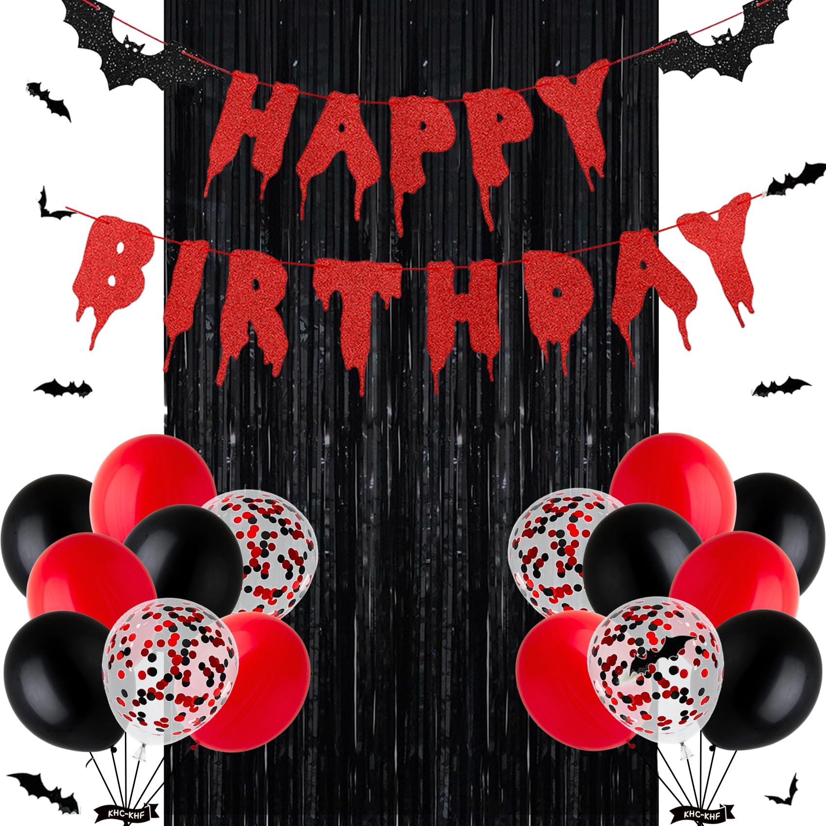 Red Black Happy Birthday Glittery Halloween Banner Black Foil Curtains Backdrop 3D Bat Sticker Latex Balloons Confetti Balloon for Birthday Party