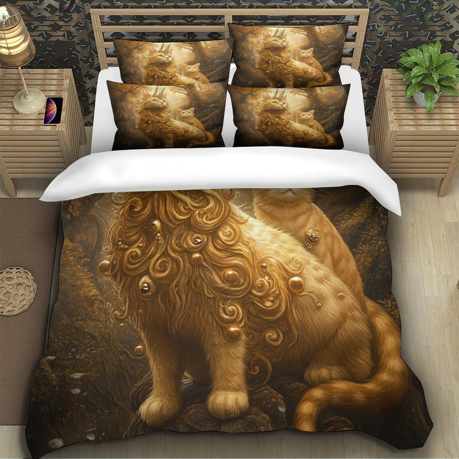 Fantasia del gatto dorato Impressione 3D 3 pz fodera per edredone arte di creature mitiche coperteletto microfibra ipoallergenica antiacari per ragazzi uomini adulti King（220x240cm）