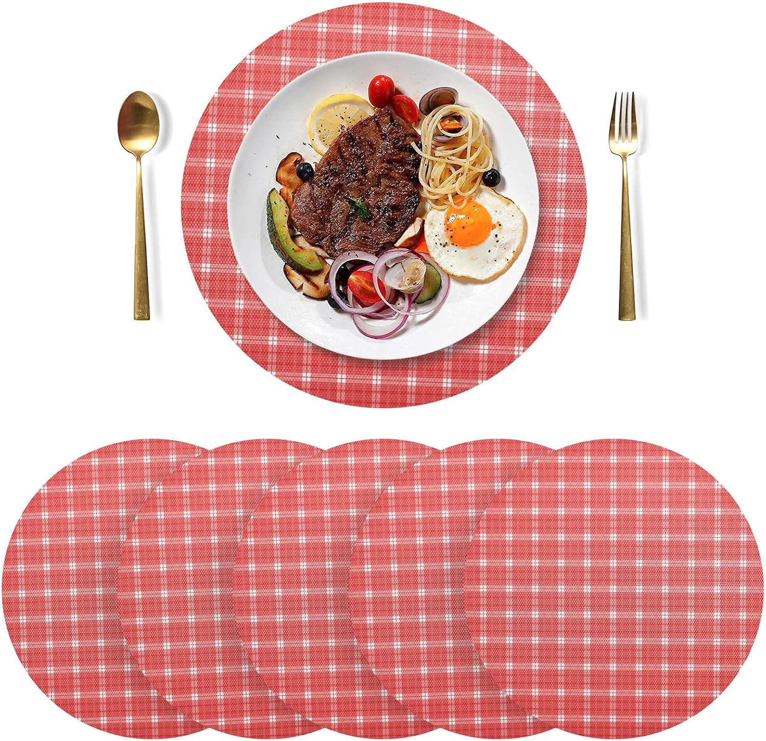 Placemats Set of 6 Place Mats Round Placemats Table Mats Plate Mats for Kitchen Dinning Table Heat Resistant Non Slip Decorative 15.4 Inch Checkered Red