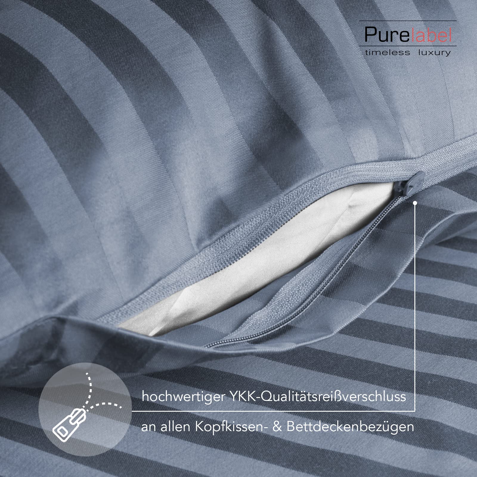 Pure Label Mako Satin Damast Streifen Bettwäsche 135x200 80x80 blau | Waschbar bis 60°C, Reißverschluss - Atmungsaktiv & Anti-Pilling