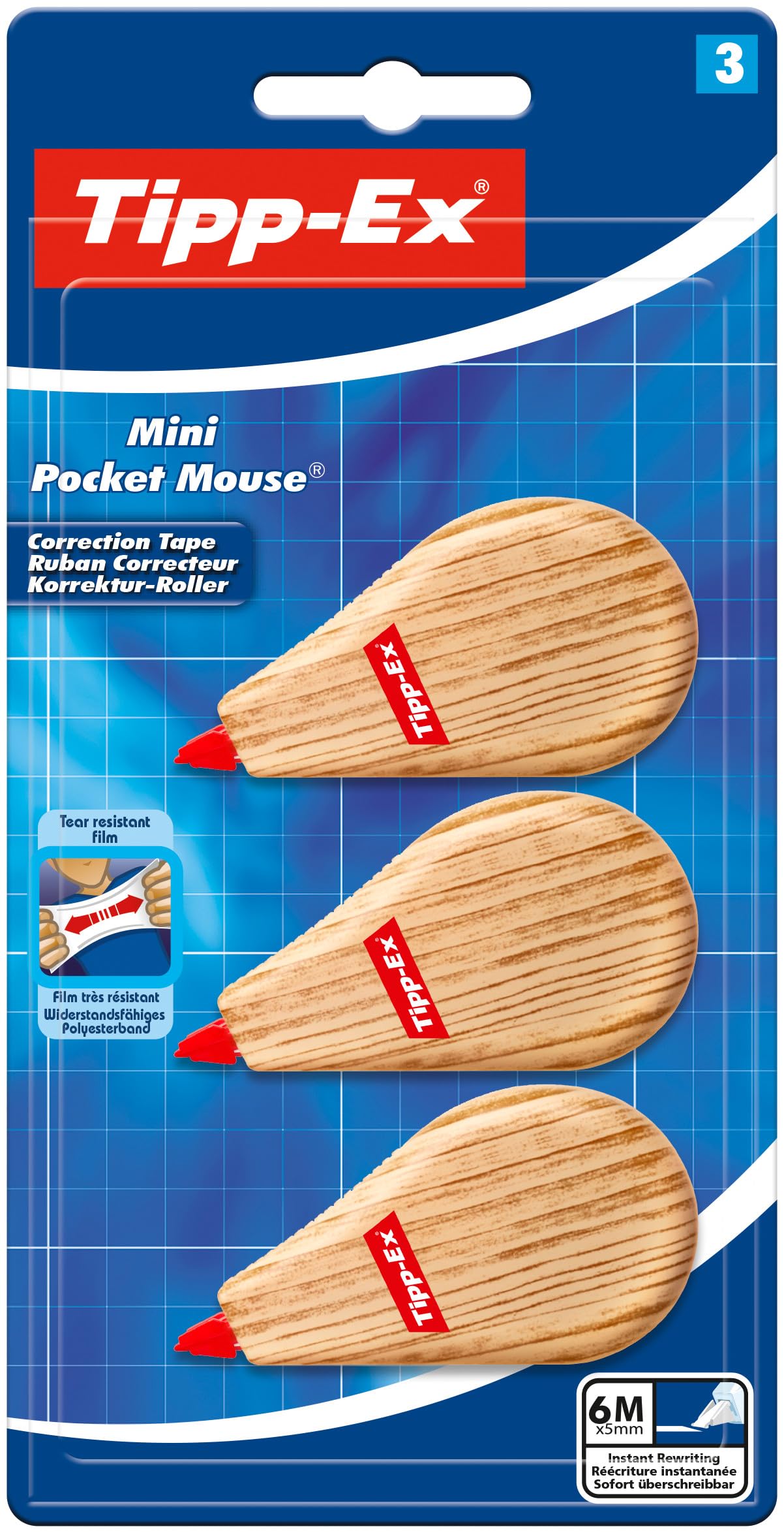 Tipp-Ex Mini Pocket Mouse Correttori a Nastro 6 m x 5 mm Design Effetto Legno Confezione da 3