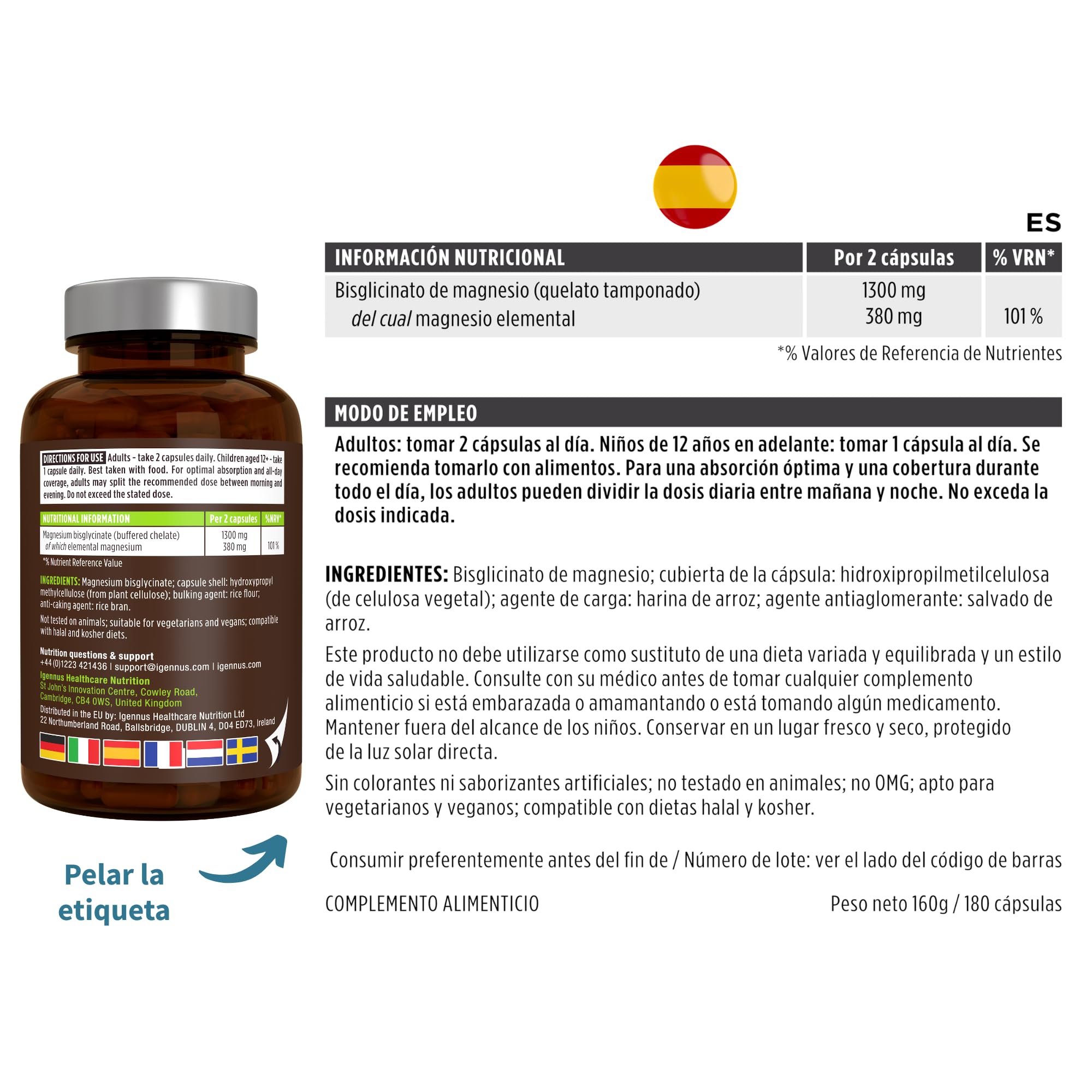 Igennus Glicinato de Magnesio Quelado 1300 mg, 380 mg de Magnesio Elemental Puro, 180 Cápsulas/ 3 Meses, Bisglicinato de Acción Rápida y Alta Absorción, Ingredientes Puros y Vegano