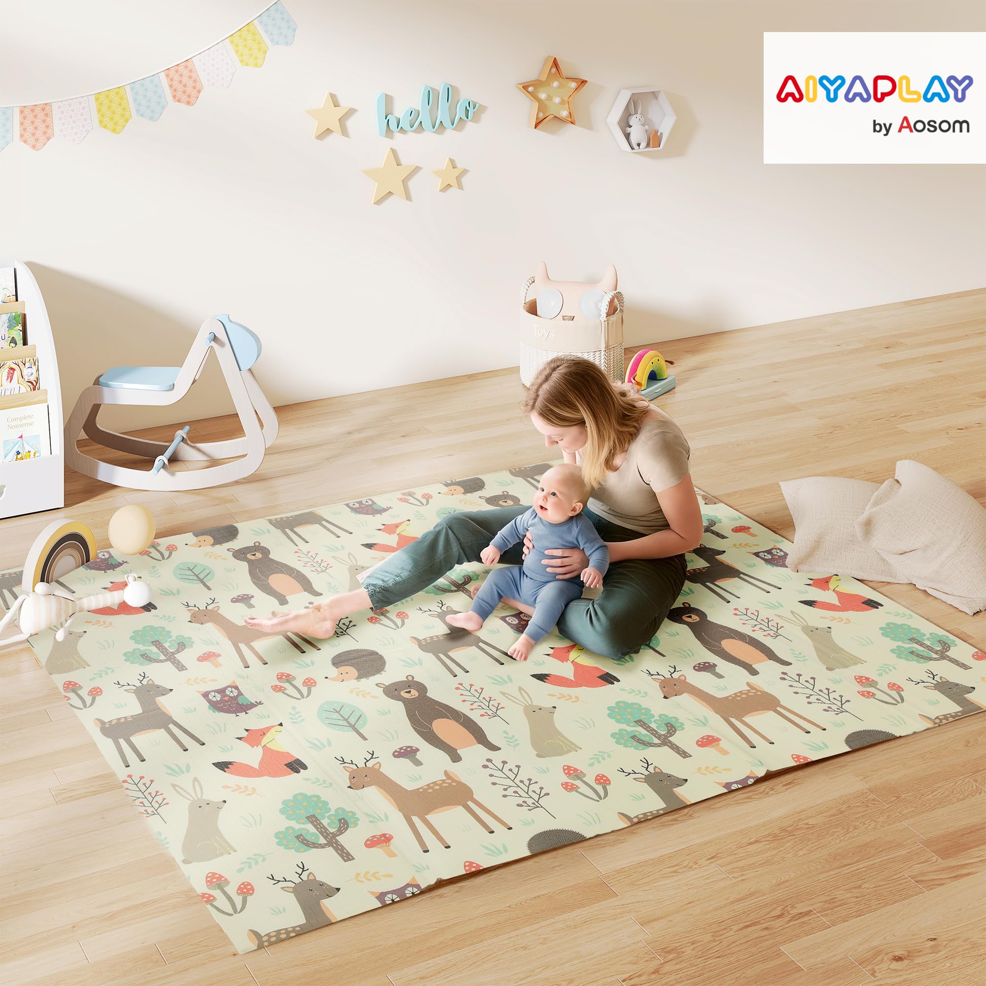 AIYAPLAY Tapis de jeu bébé pliable réversible 196 x 176 x 1,5 cm mousse épais antidérapant imperméable motif animaux