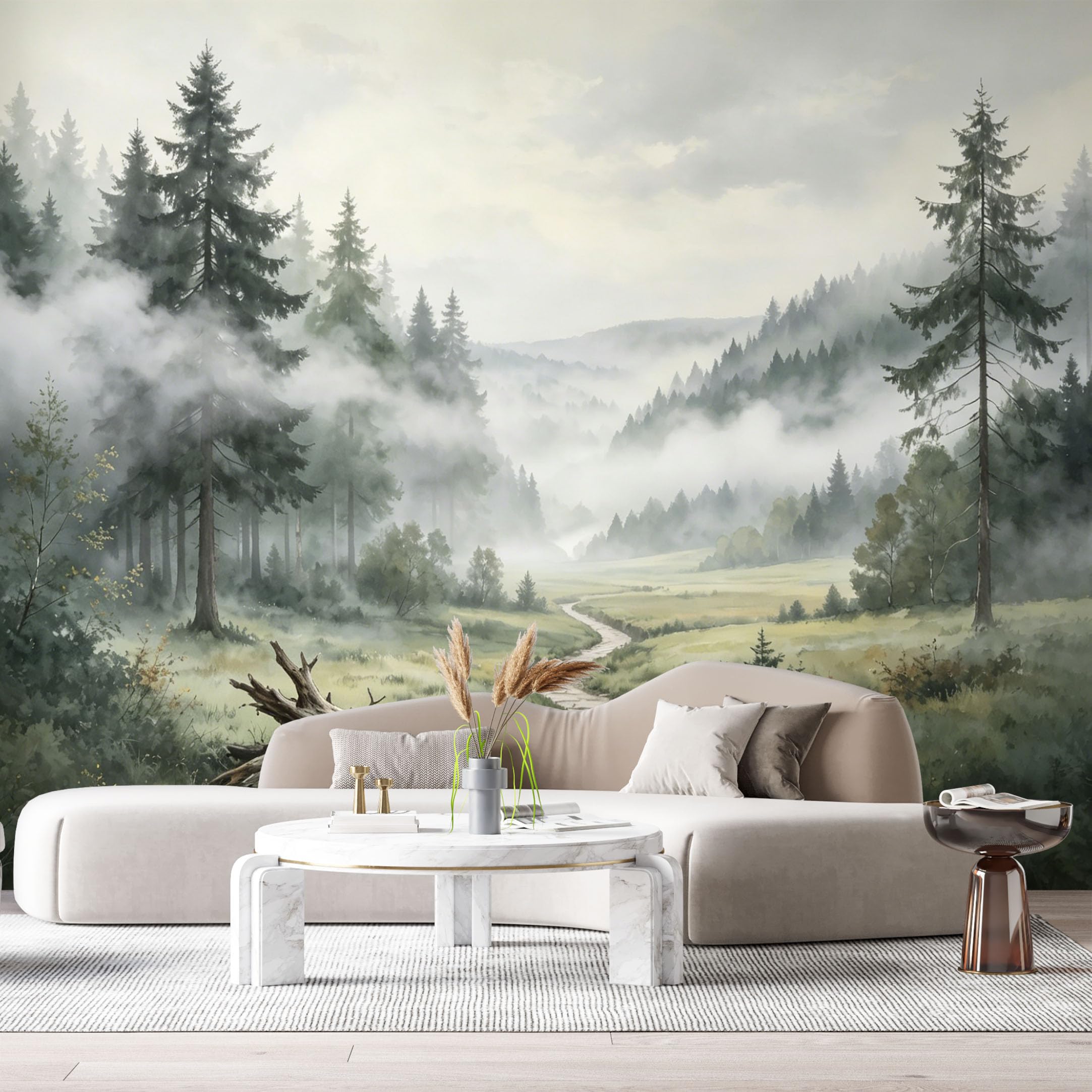 Custom Size Wall Murals Misty Forest Landscape Watercolor Painting Stone Path Evergreen Trees SelfAdhesive Wall Fabric Removable Large Wallpaper for Photo Living Room