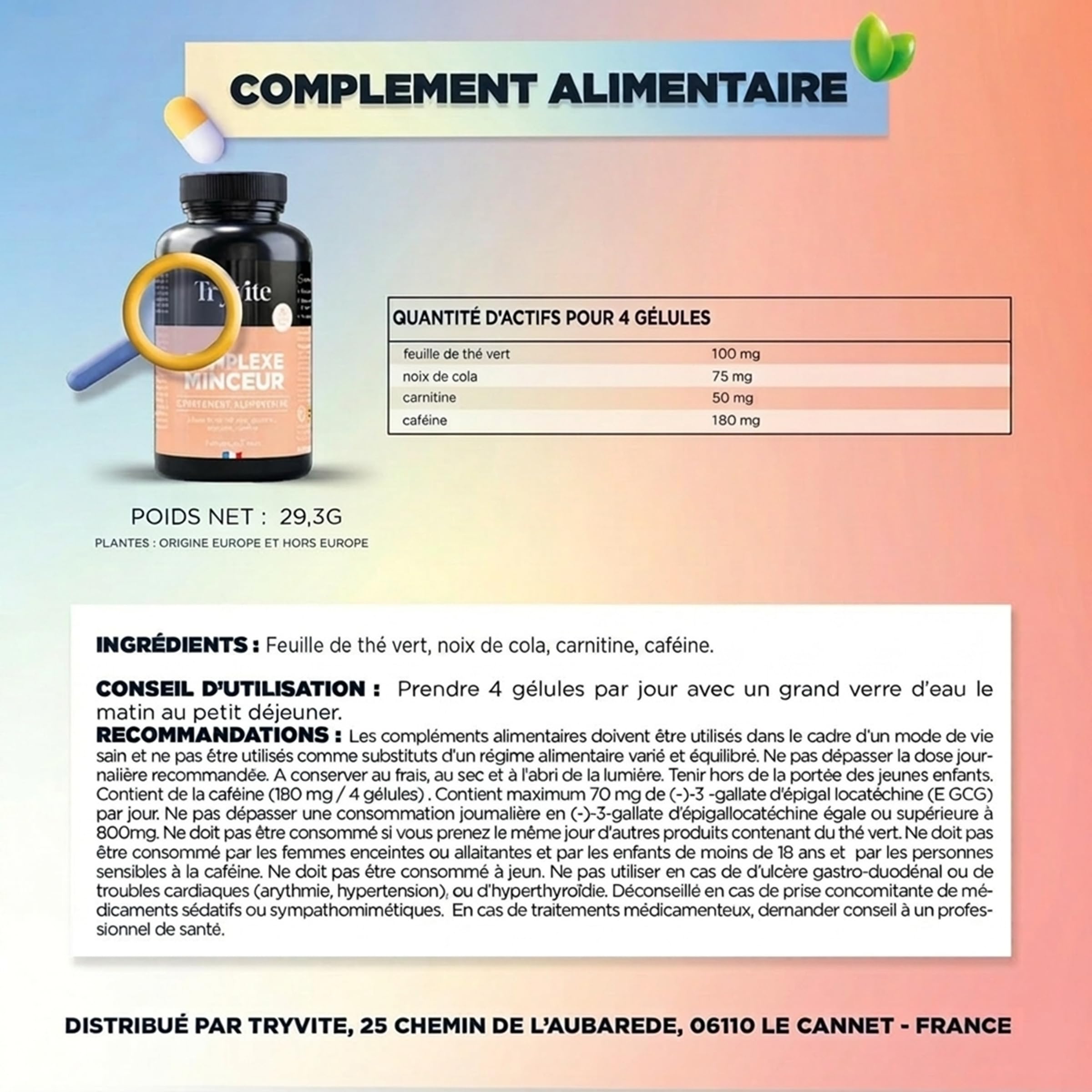 TRYVITE - Complexe Minceur à base de plantes - 180 mg de cafeine - 80 gélules