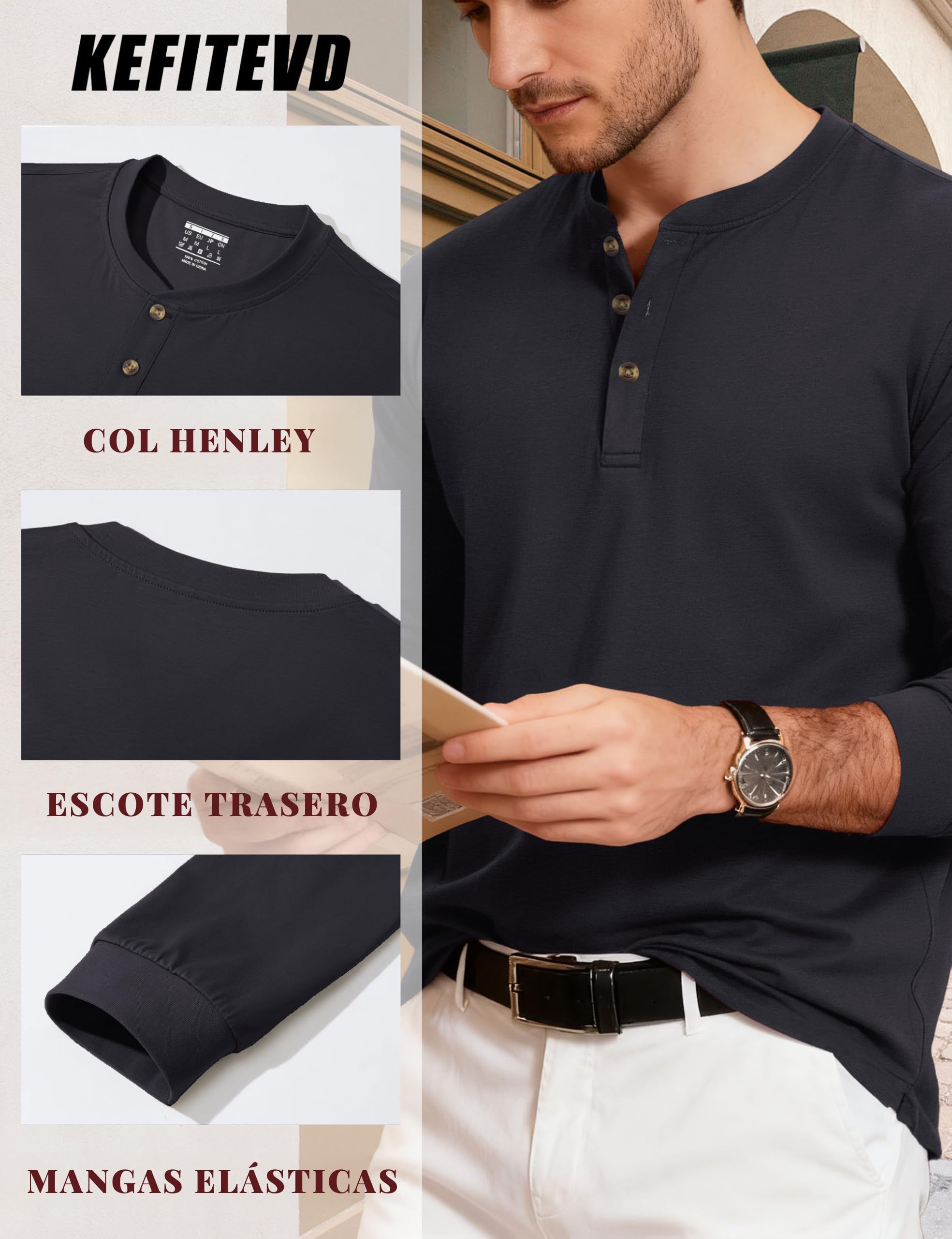 KEFITEVD Camiseta Algodón Hombre Henley Manga Larga Casual Cómoda Versátil