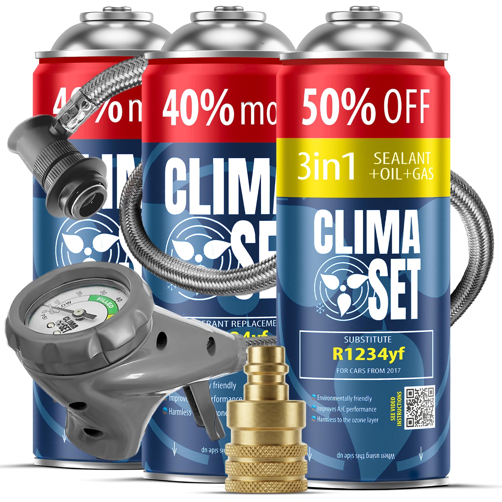 CLIMASET - Automotive AC Recharge Kit - 3in1 R1234yf + 2x Gas & Oil R1234yf + hose + YF adapter - For Vehicles After 2016, Featuring a Modern Ergonomic Hose with Pressure Gauge