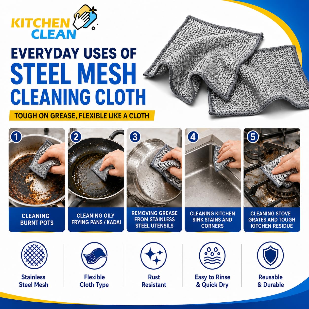 Kitchen Clean™ 15 Pcs Multipurpose Steel Wire Dishwashing Rags | Latest Safe on Hands Scrub Cloth | Kitchen Cleaning Juna | Steel Juna for Vessels Sink Cleaning Mirco Oven Stove Cleaning (Pack of 15) 1