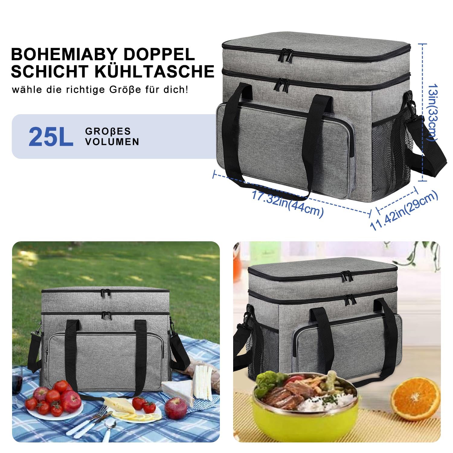 25L Kühltasche Faltbar für Essen & Getränke-Lsolierte Tasche, Auslaufsicher & Wasserdicht-Strand Picknick Lunchbag, Thermotasche für Essen Transport, Arbeiten & Einkaufen, Grau