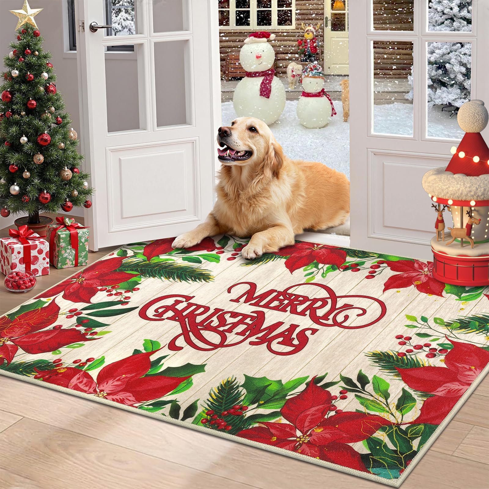 Merry Christmas Doormat Indoor Outdoor 32"x48" Non Slip Entry Mat Washable Farmhouse Welcome Door Mat Large Low Profile Entrance Mat Floor Carpet for Front Door Holiday Decor