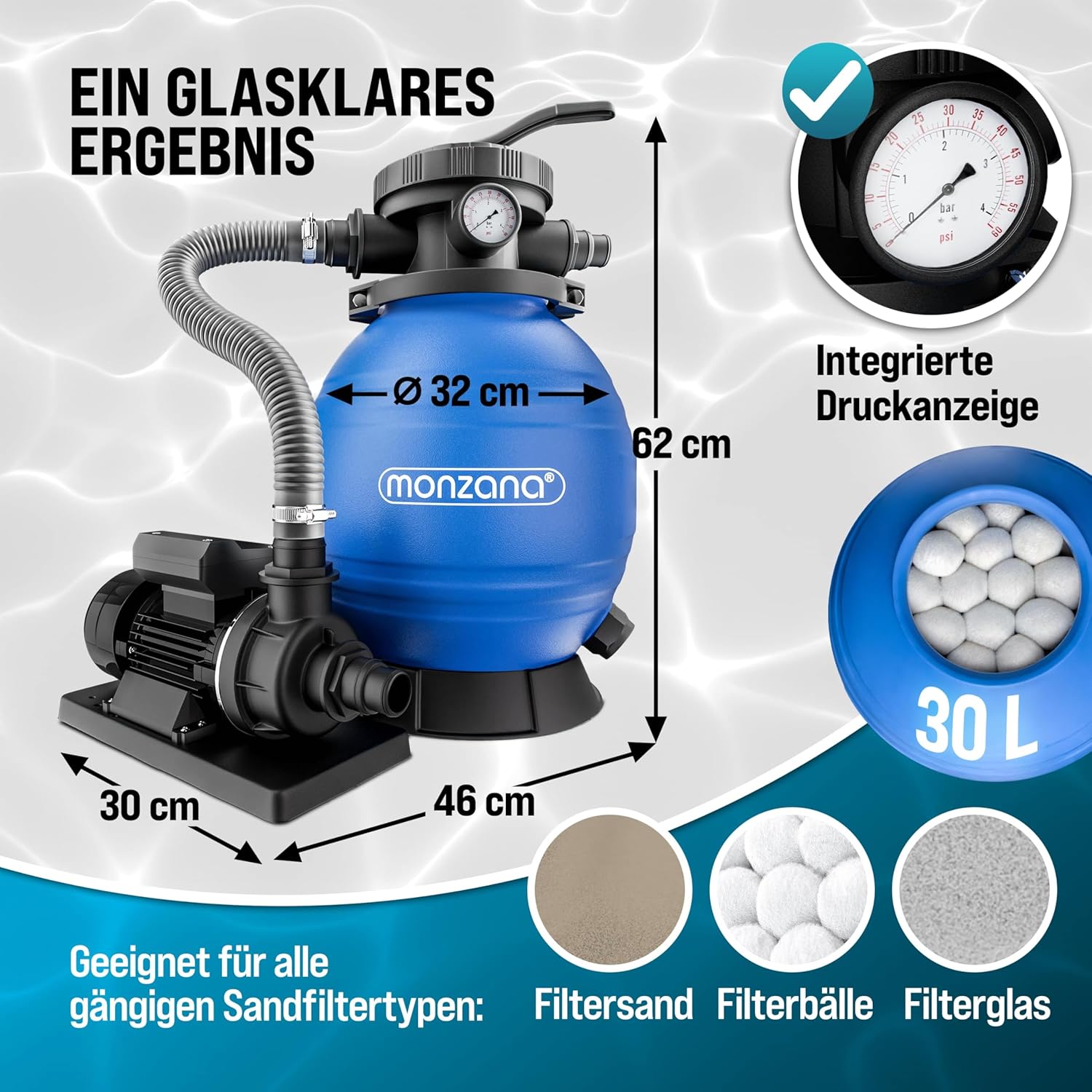 MONZANA® SF102K Sand Filter System 9,960L/h up to 30,000L Pool with Filter Balls, 7-Way Valve, 2-in-1 Adapter, Diameter 32-38 mm, 400 W Filter System, Pump Filter Boiler - Image 6