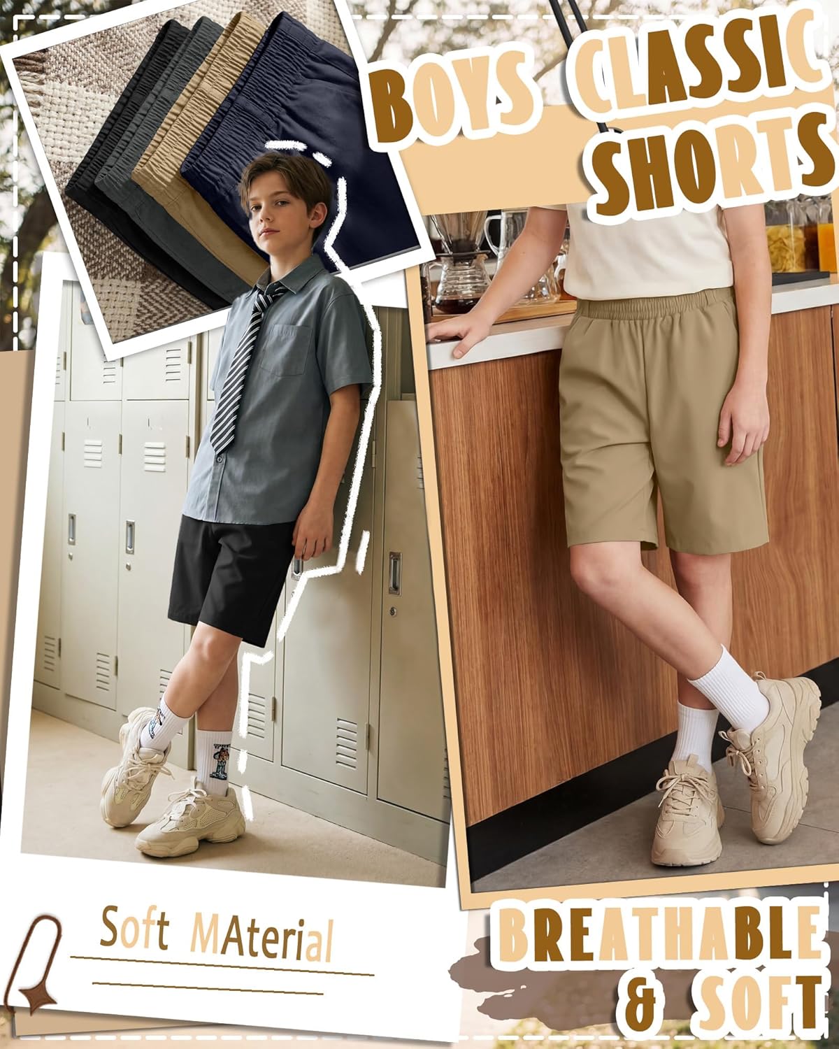 4 Pack Boys' Uniform School Shorts 5-14Y Straight Fit Stretch Dressy Kids Shorts Elastic Waist with Pockets