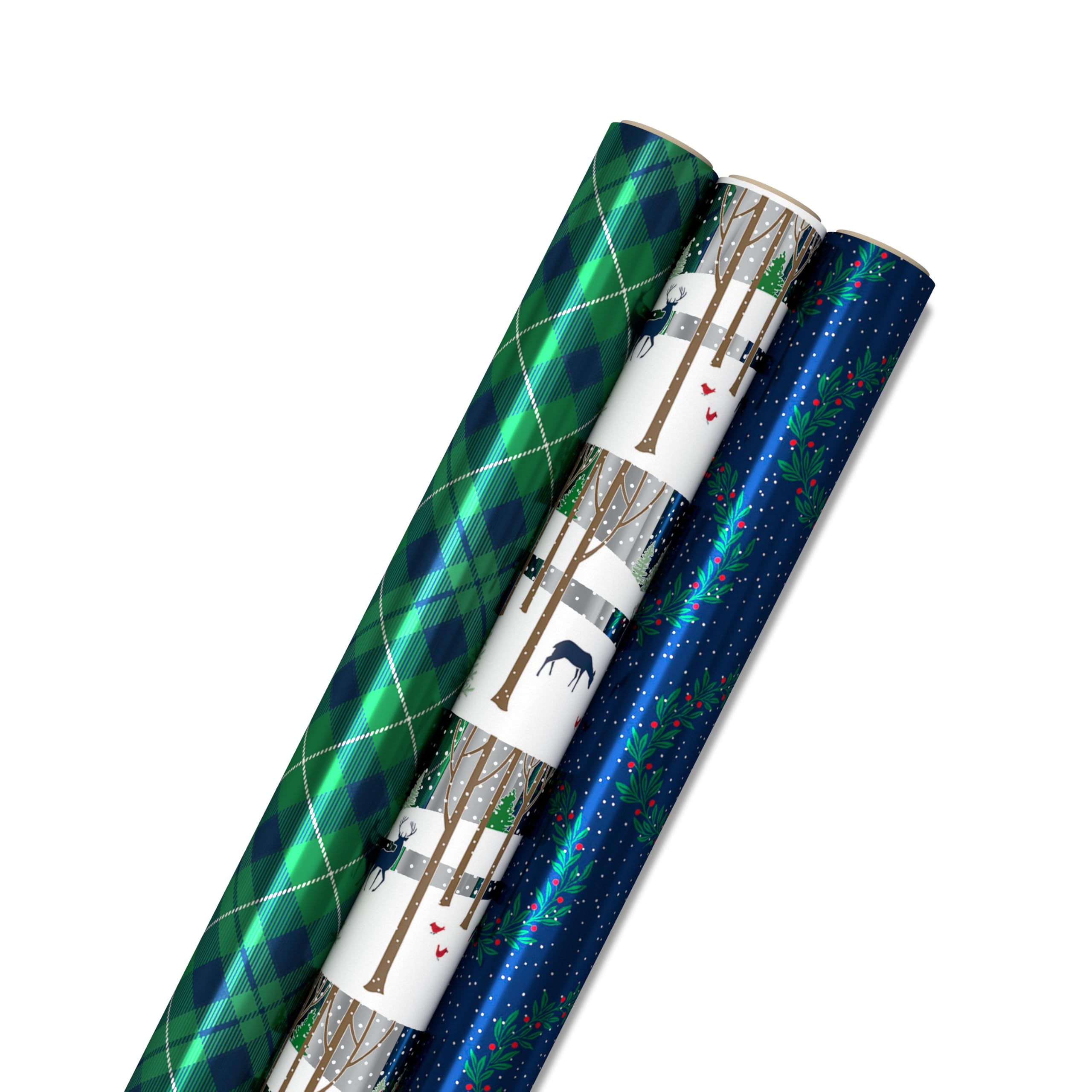 Hallmark Foil Holiday Wrapping Paper with Cut Lines on Reverse (3 Rolls: 60 sq. ft. ttl) Woodland Scene with Deer, Green and Navy Blue Plaid, Wreaths on Navy Blue — image 1