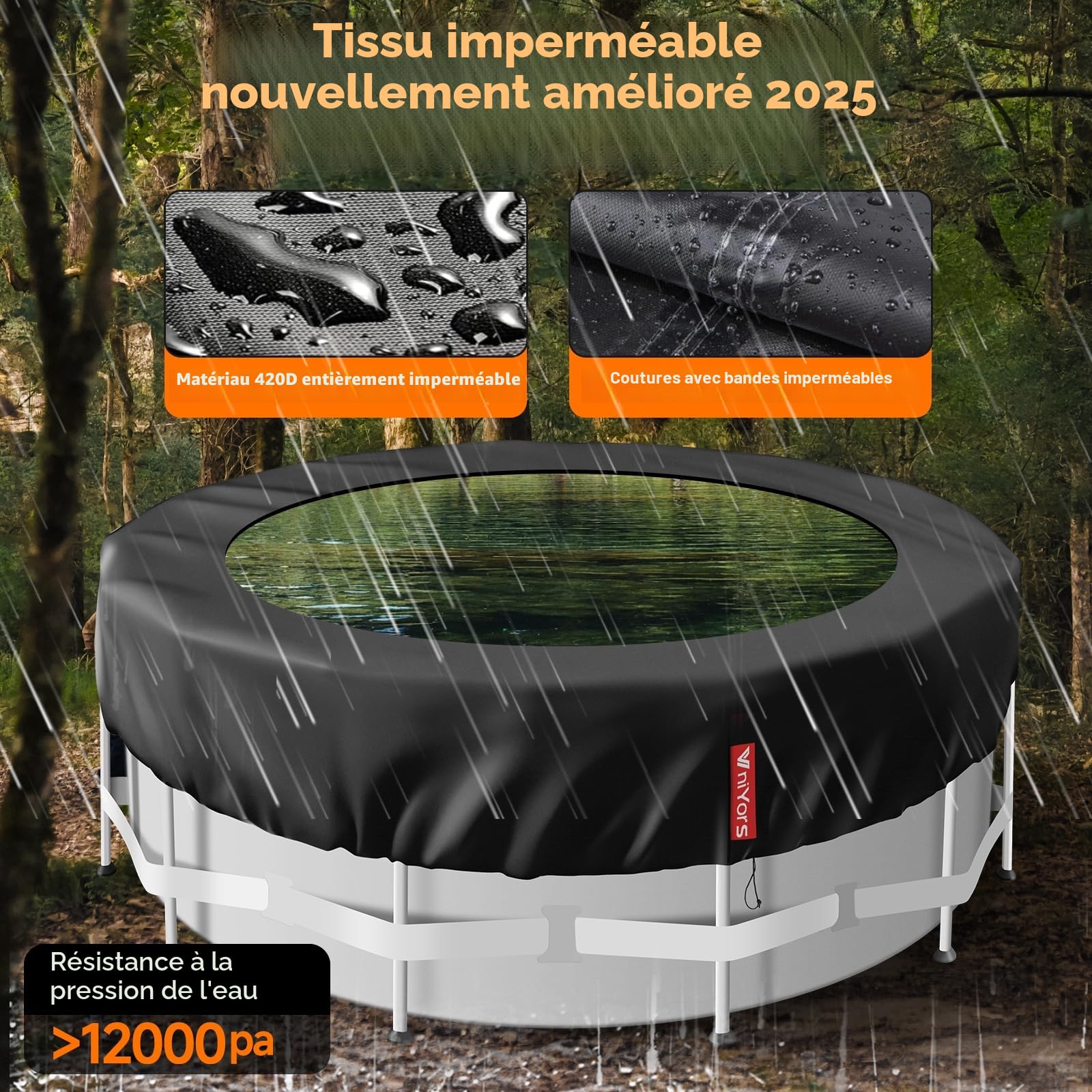 Bache Hivernage Piscine Hors Sol 366, PU 420D éPais Bache Piscine Hivernage, Coupe-Vent et RéSistant aux DéChirures BâChe Hivernage Piscine Hors Sol avec Corde de Traction et Clous de Sol