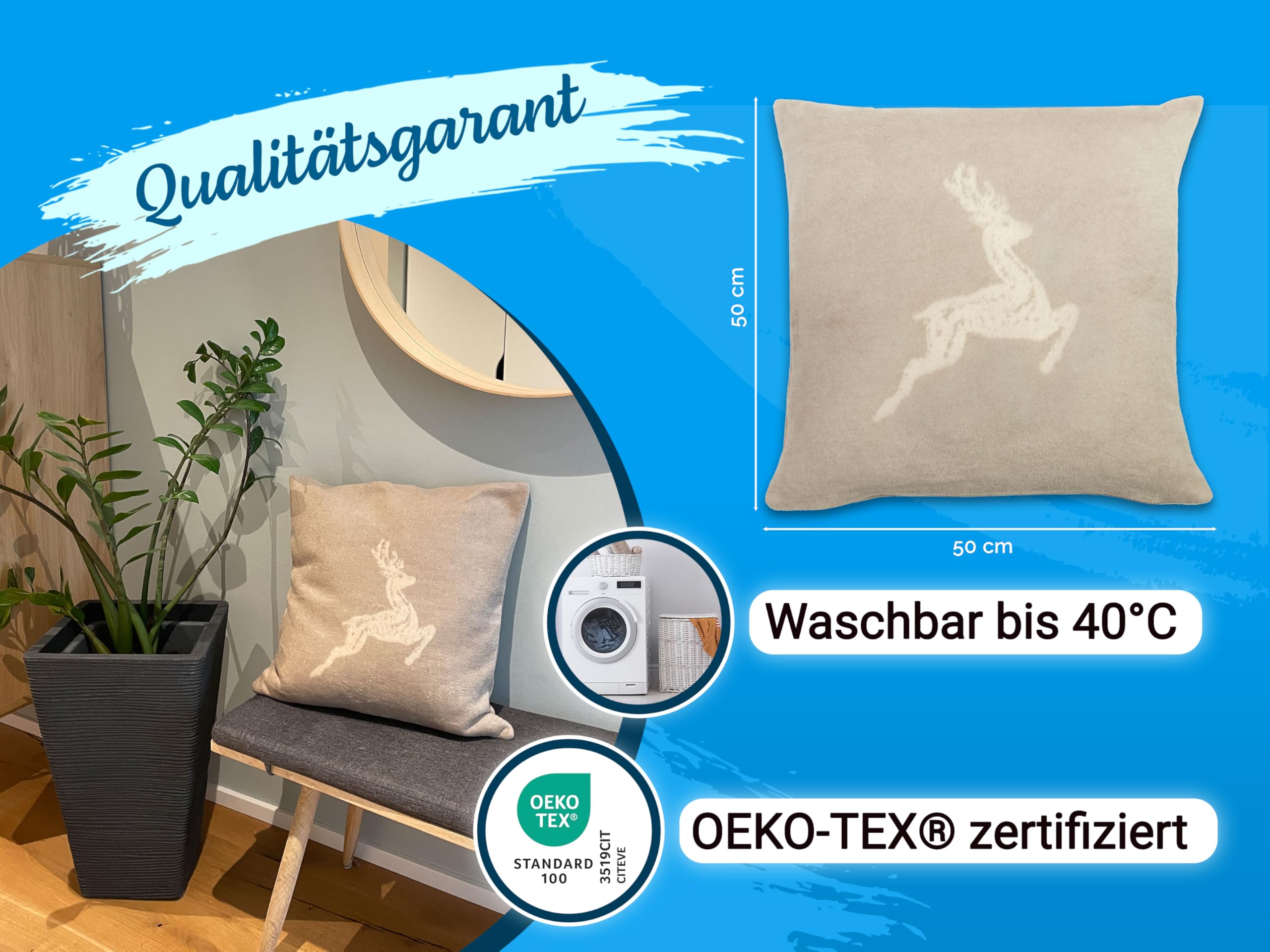 ZOLLNER 2er Set aus Kissen und Kissenbezüge in 50x50 cm - Flauschige und weiche Kissenhüllen in Taupe - Trendige Hirscheinwebung in Taupe - Mischgewebe - waschbar bis 40°C – Oeko Tex® Zertifiziert