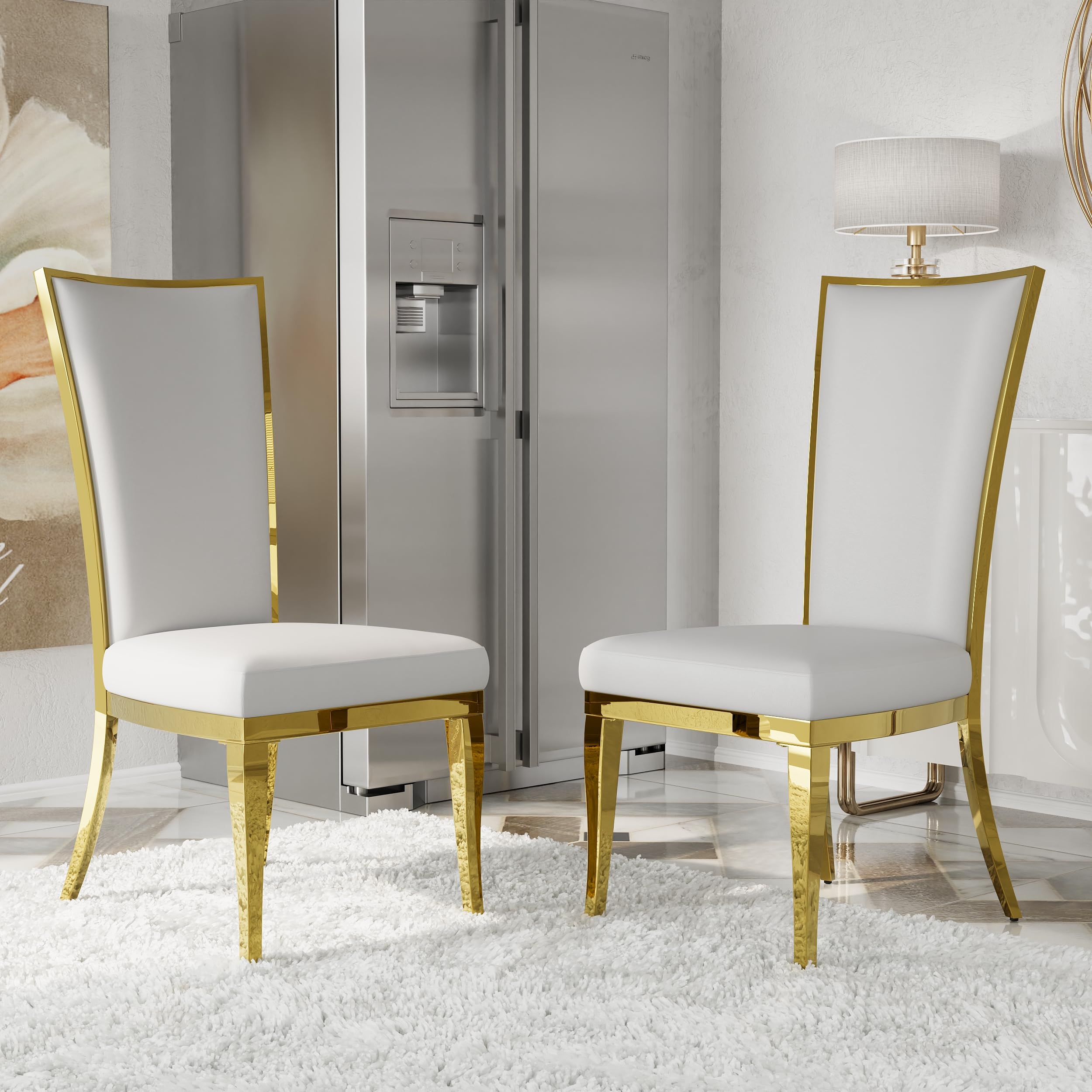 AUZ White and Gold Dining Chairs Set of 2, White PU Leather Dining Room Chair with Gold Polished Metal Legs, Luxury High Back Dining Chairs