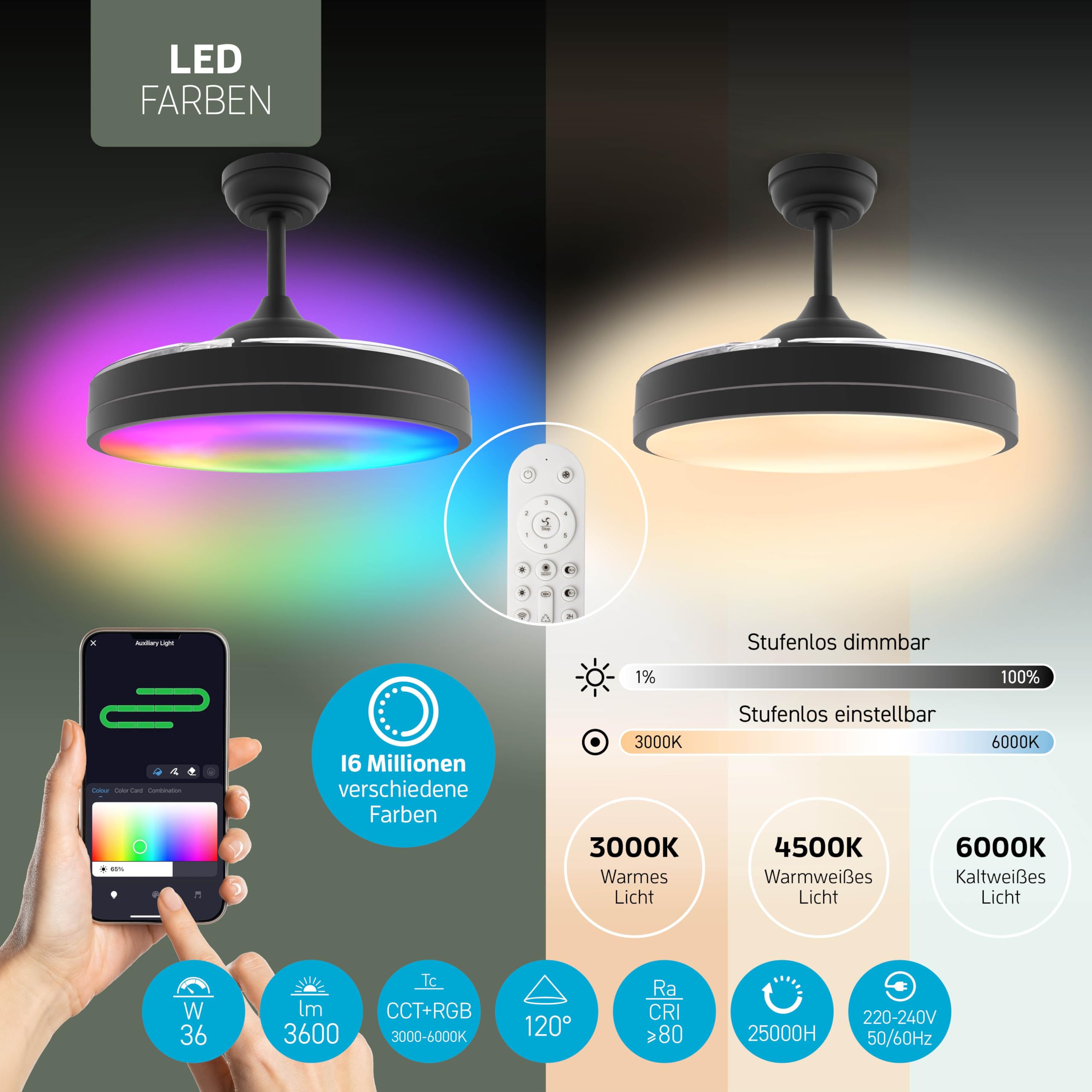 Varin® Smart Deckenventilator mit Beleuchtung, Tuya WLAN, Ventilator Leise 20dB, LED 36W RGBW, Fernbedienung, Einziehbare Flügel, Ventilator Lampe Decke, Ø 50 cm/108 cm, Schwarz