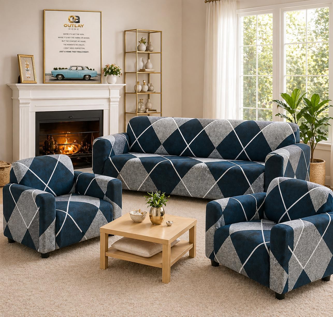Outlay Home Sofa Cover 3 Seater and 2 Seater Fully Covered Universal 5 Seater Sofa Cover Non-Slip Sticky Elastic Stretchable Sofa Set Slipcover Protector for (3+1+1 Seater) (Blue Lining)-image-9