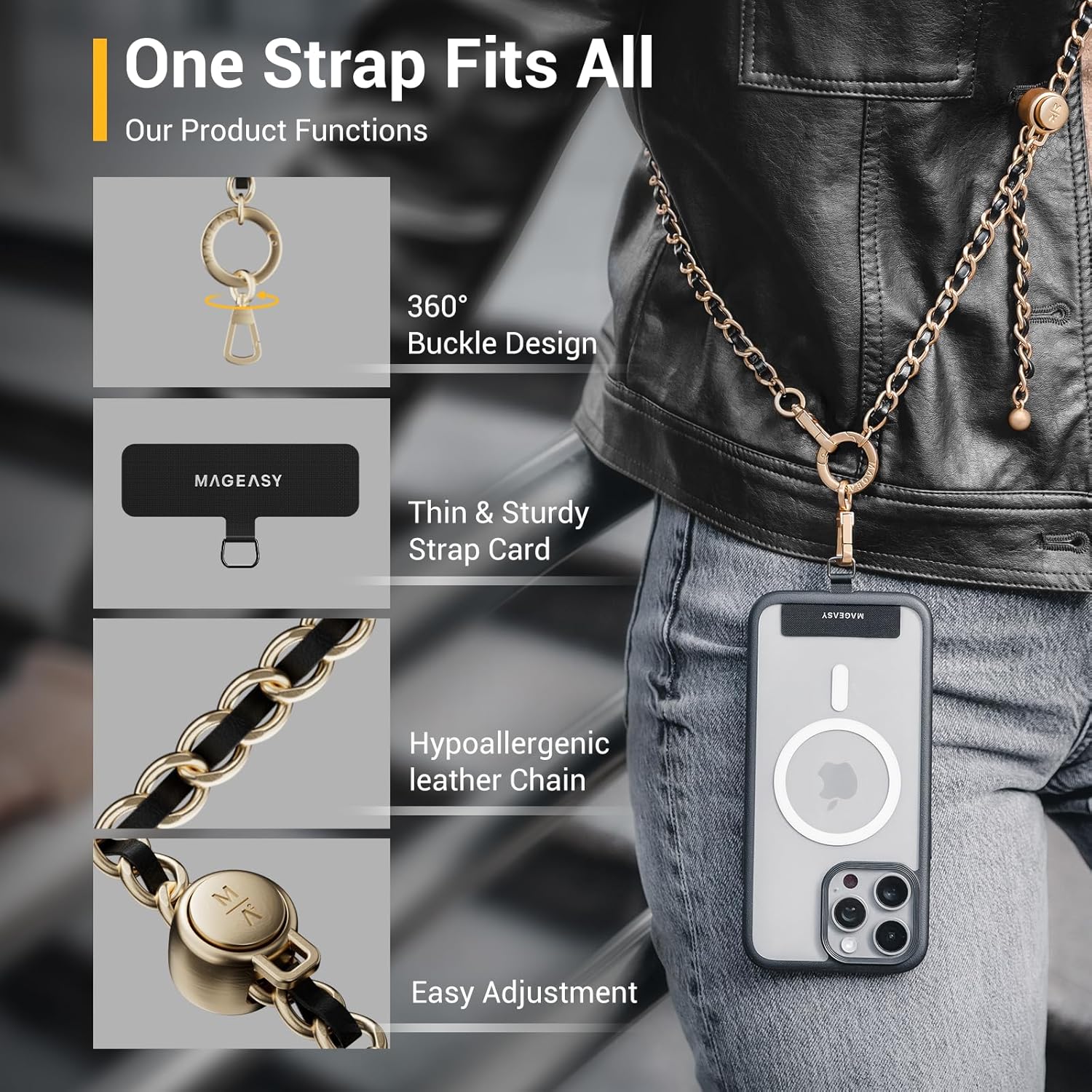 MAGEASY Crossbody Phone Chain Strap - Universal Metal Crossbody Phone Lanyard With Adjustable Length, Chic Cell Phone Necklace Phone Strap for iPhone & Android Phones - Classic Gold Metal