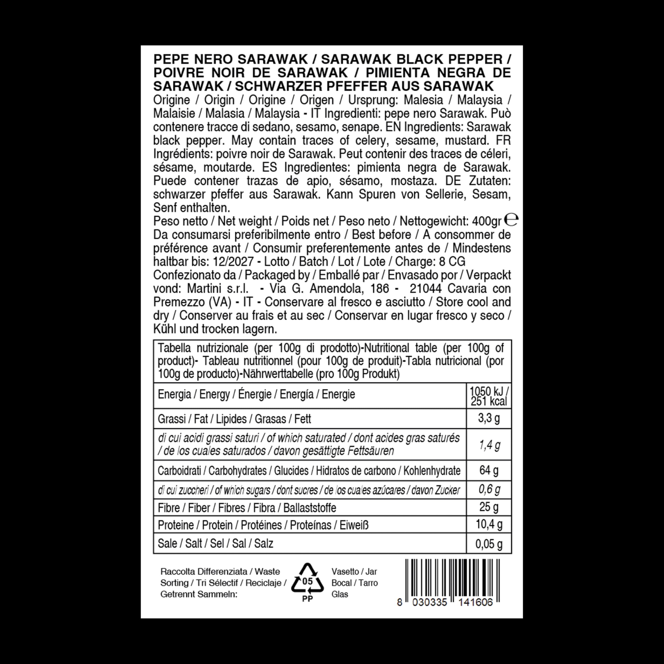 Schwarzer Pfeffer Sarawak ganz 400g Bembo – Premium Pfefferkörner – Für Mühle und Küche