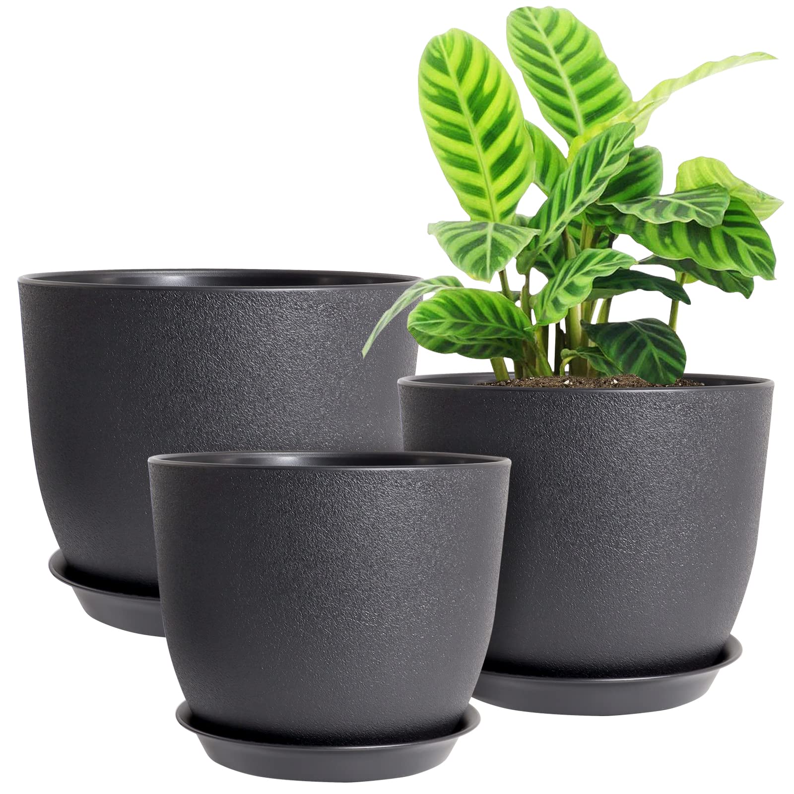 UOUZ 12/10/9 Large Modern Plant Pots, Plastic Planters with Drainage Holes and Saucers for Indoor Outdoor Plants Flowers, Black