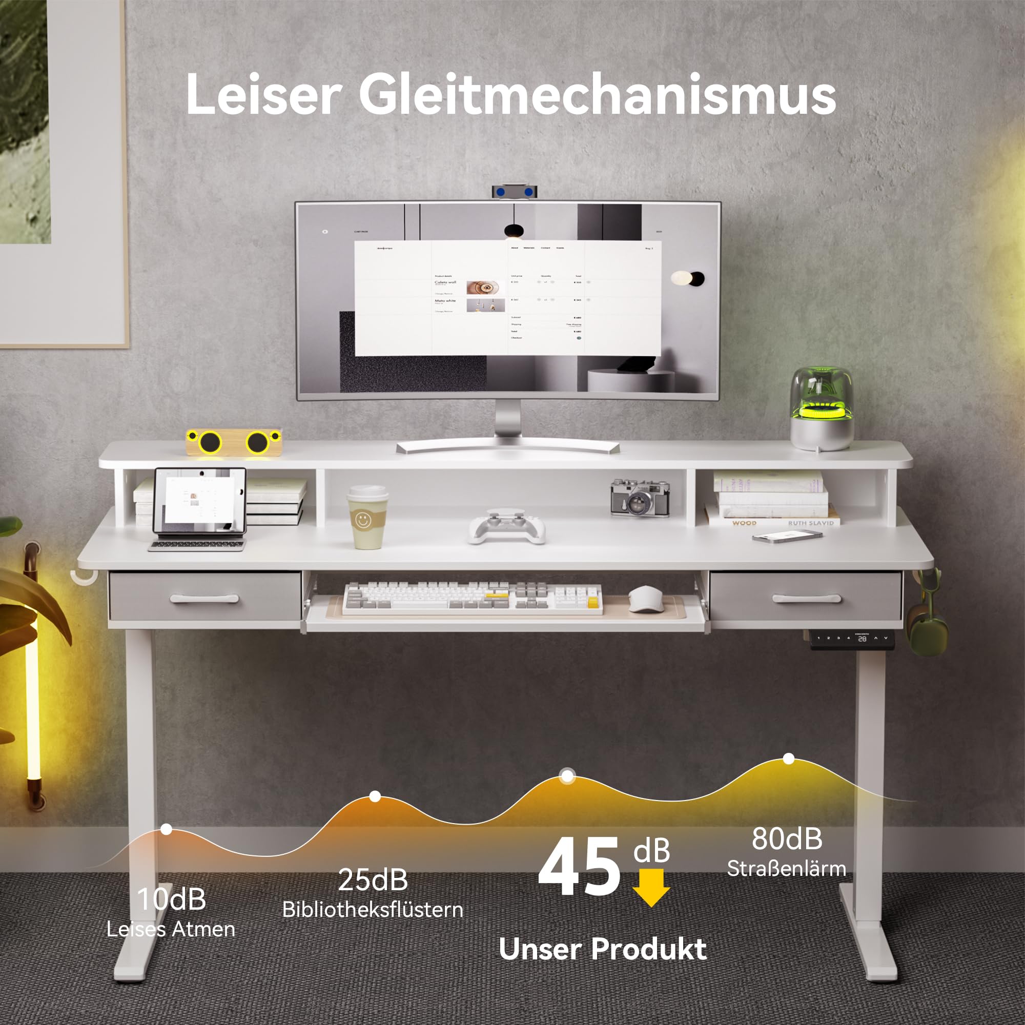 WALKINGDESK Höhenverstellbarer Schreibtisch 160 x 60 cm, Weiß | Elektrischer Stehschreibtisch mit Tastaturablage, 2 Schubladen, Computertisch mit Monitorständer für Homeoffice