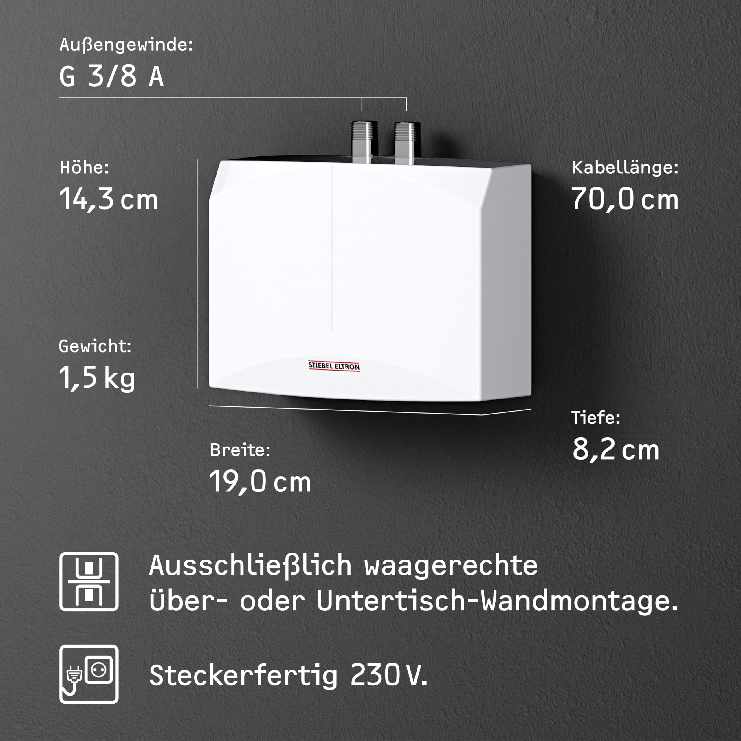 STIEBEL ELTRON elektronischer Mini Durchlauferhitzer DEM 3 nur fürs Handwaschbecken, 3,5 kW, mit Stecker, druckfest + drucklos, VDE geprüft, 231001