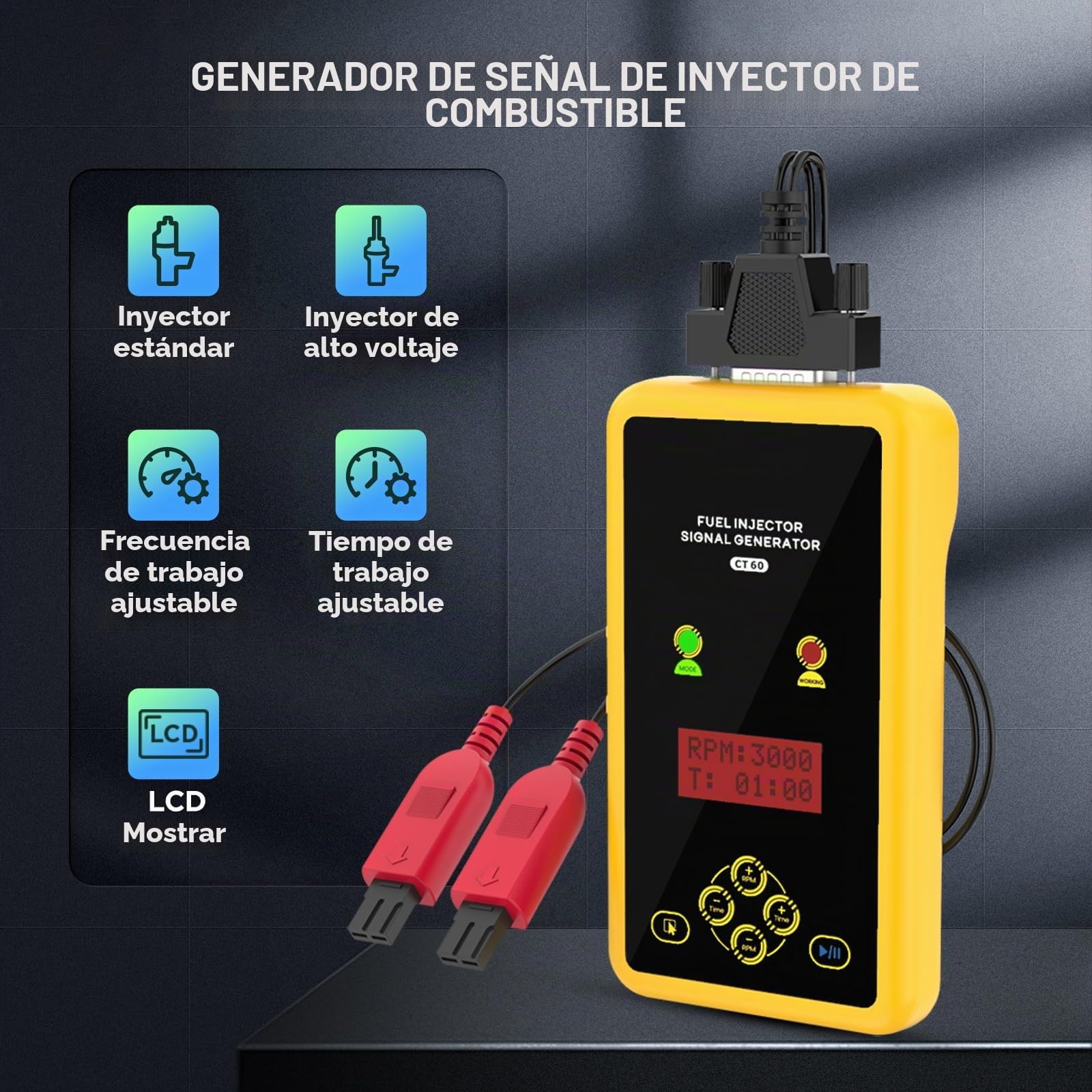 CT60 Probador y limpiador de inyectores de combustible, 12 V y 70 V, GDI sistema de inyección de combustible, ancho de impulso ajustable, velocidad y tiempo, prueba dos inyectores al mismo tiempo