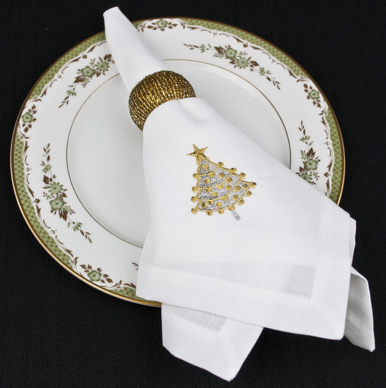 ホワイトナプキン 4枚セット ホリデーシルバーとゴールドのクリスマスツリーに刺繍入り 19インチ&times;19インチ 四つ折り エレガントな