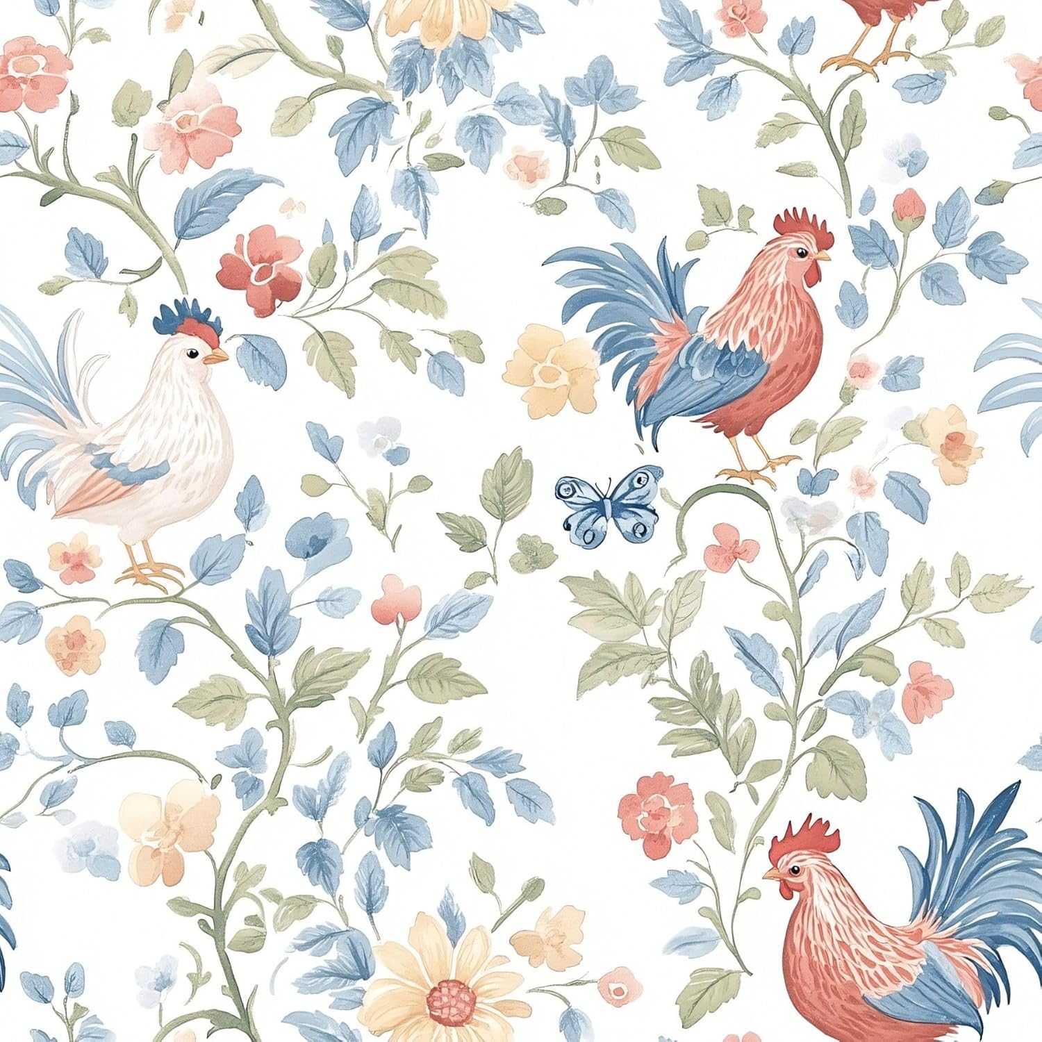 Farmhouse Rooster Wallpaper – Country Cottage Peel and Stick Wallpaper, Self-Adhesive Vinyl for Home Decor, 17.7in x 236in