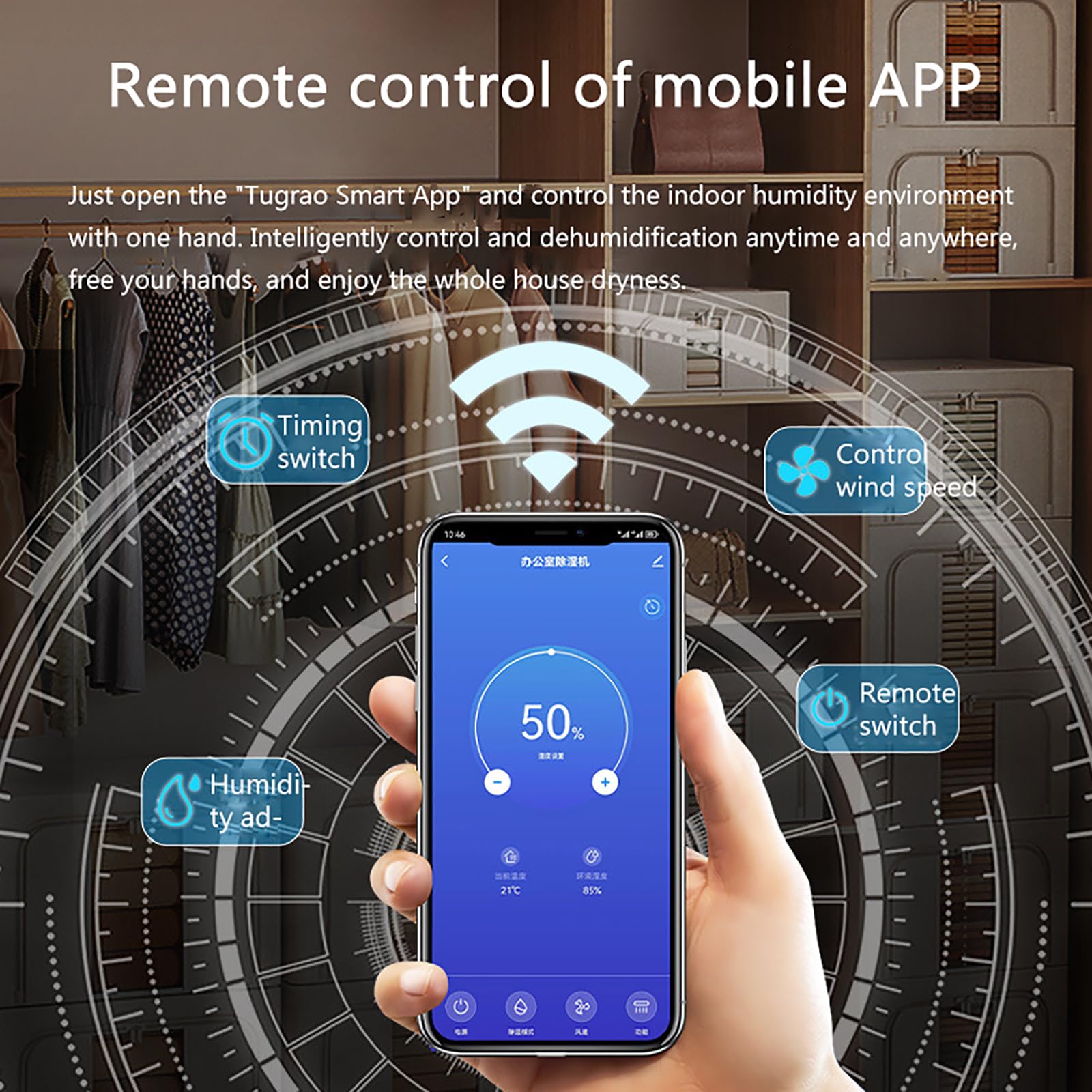 Deumidificatore portatile, modalità di sonno ultra silenziosa, controllo app, Smart Touch, tubo di scarico esterno, deumidificazione forte, regolazione della velocità del vento, 60L