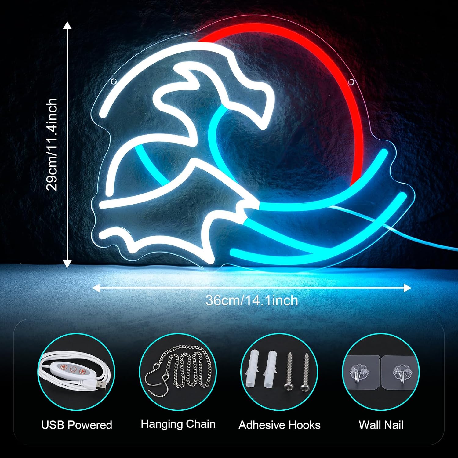 Sunset Neon Sign for Wall Decor, Neon Wave Sign LED Light Sign, LED Signs for Bedroom Wall, Dimmable Neon Lights Signs fo Bedroom Office Bar Birthday Party Christmas, USB Powered (14 * 11.4in)