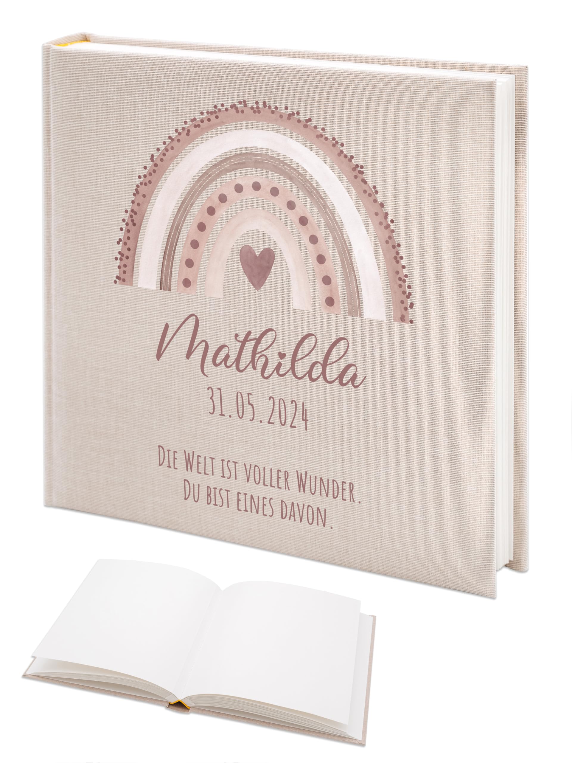 wunderwunsch Fotoalbum Einschulung personalisiert, Gästebuch, Deko, Erinnerungsalbum Schule, Geschenk Taufe, Kindergarten, Geburt, Geburtstag individualisiert (Regenbogen rosa)
