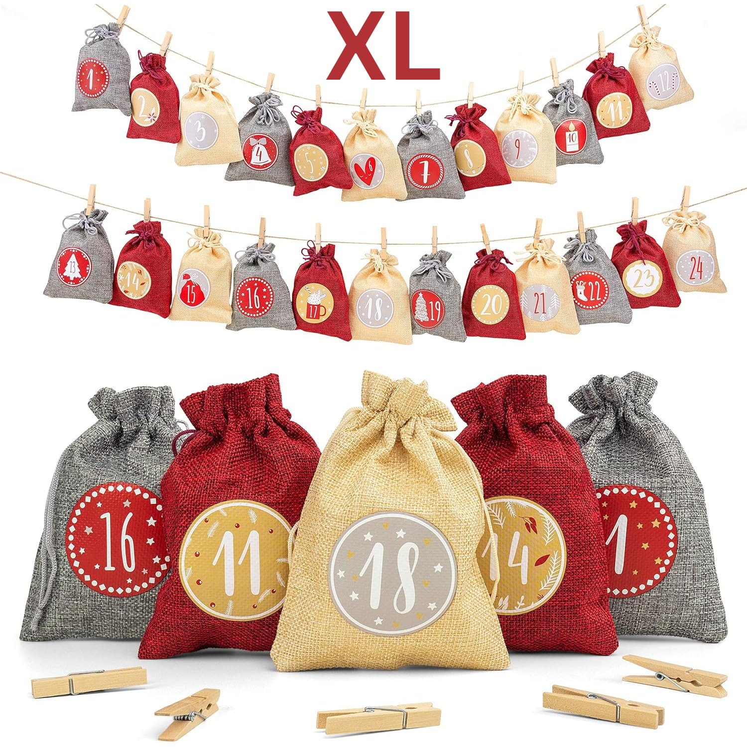 Adventi Adventskalender zum Befüllen [24 Stück] Weihnachtskalender 2025 Jutesäckchen 20 x 15cm Groß, Weihnachtsdeko Tüten/Säckchen, Geschenktüten Weihnachten mit individuellen Designs (Rot)