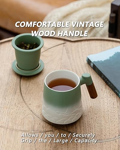 Vista 70 de ZENS Taza de té con infusor y tapa para remojar hojas sueltas, taza infusor de té de cerámica en relieve de 16.9 onzas, difusor de té con mango