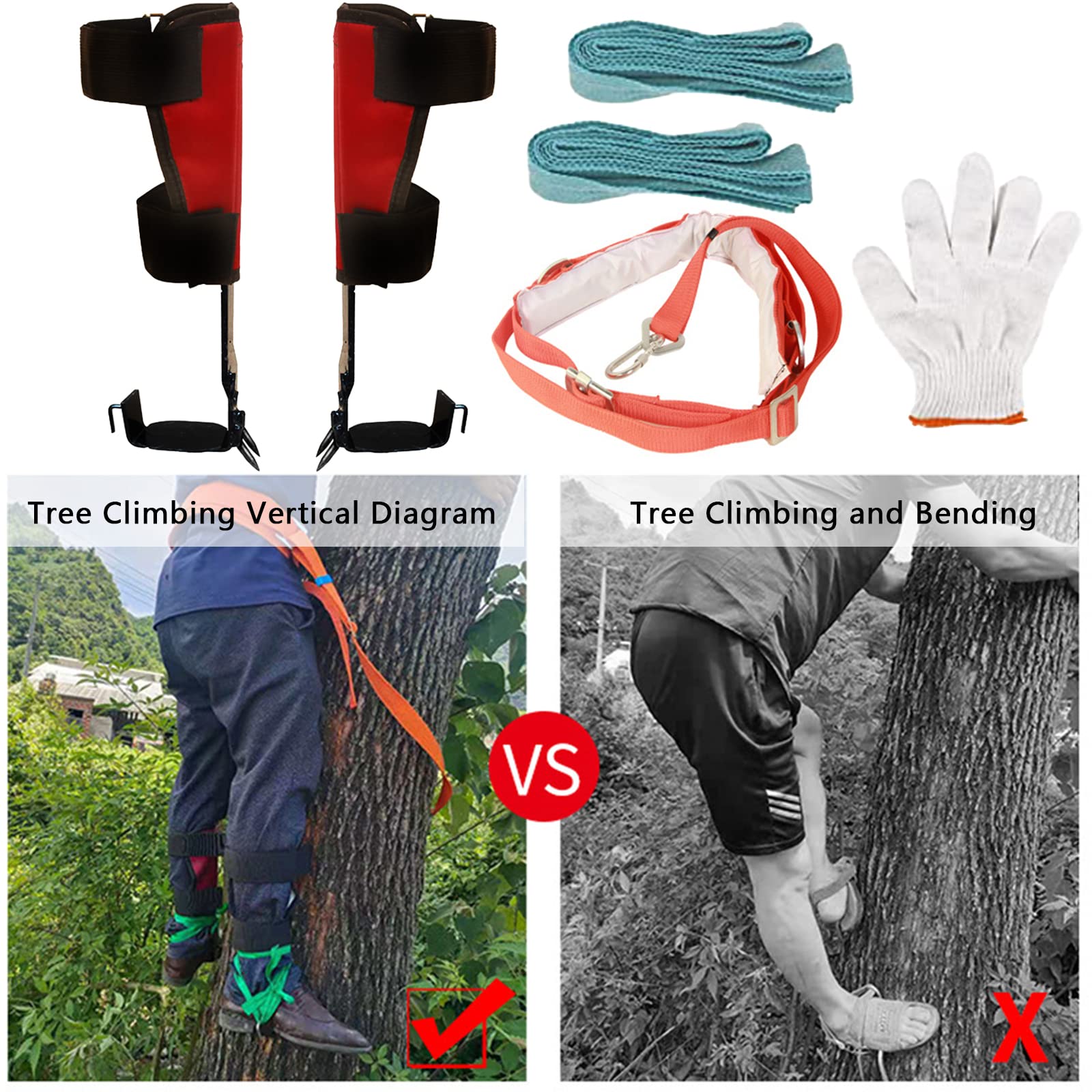 Juego de Trepadores de Árboles con Arnés de Seguridad y Picos Ajustables, Carga 300kg