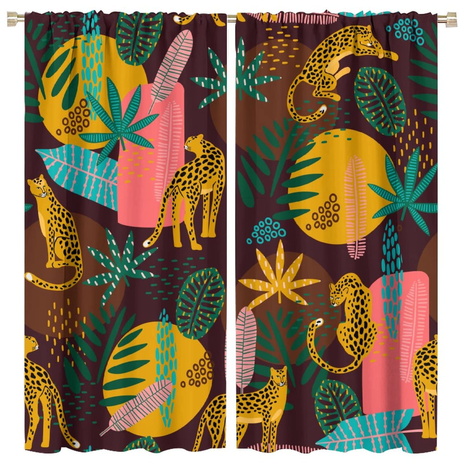 Leopard Blackout Curtains Tropical Plant Palm Leaves Jungle Wildlife Colorful Art Print for Living Room Bedroom Bathroom Decor Rod Pocket Window