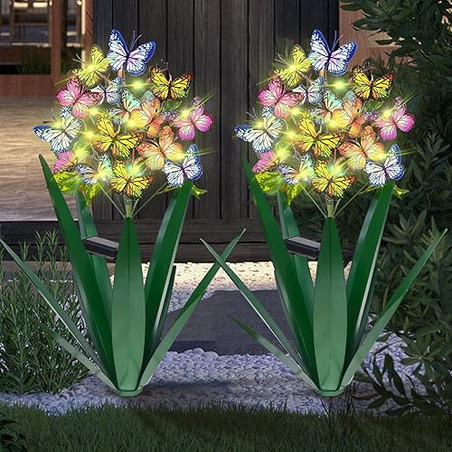 Homight Solar Metal Agave Butterfly Flower Stick Garden Sculpture -